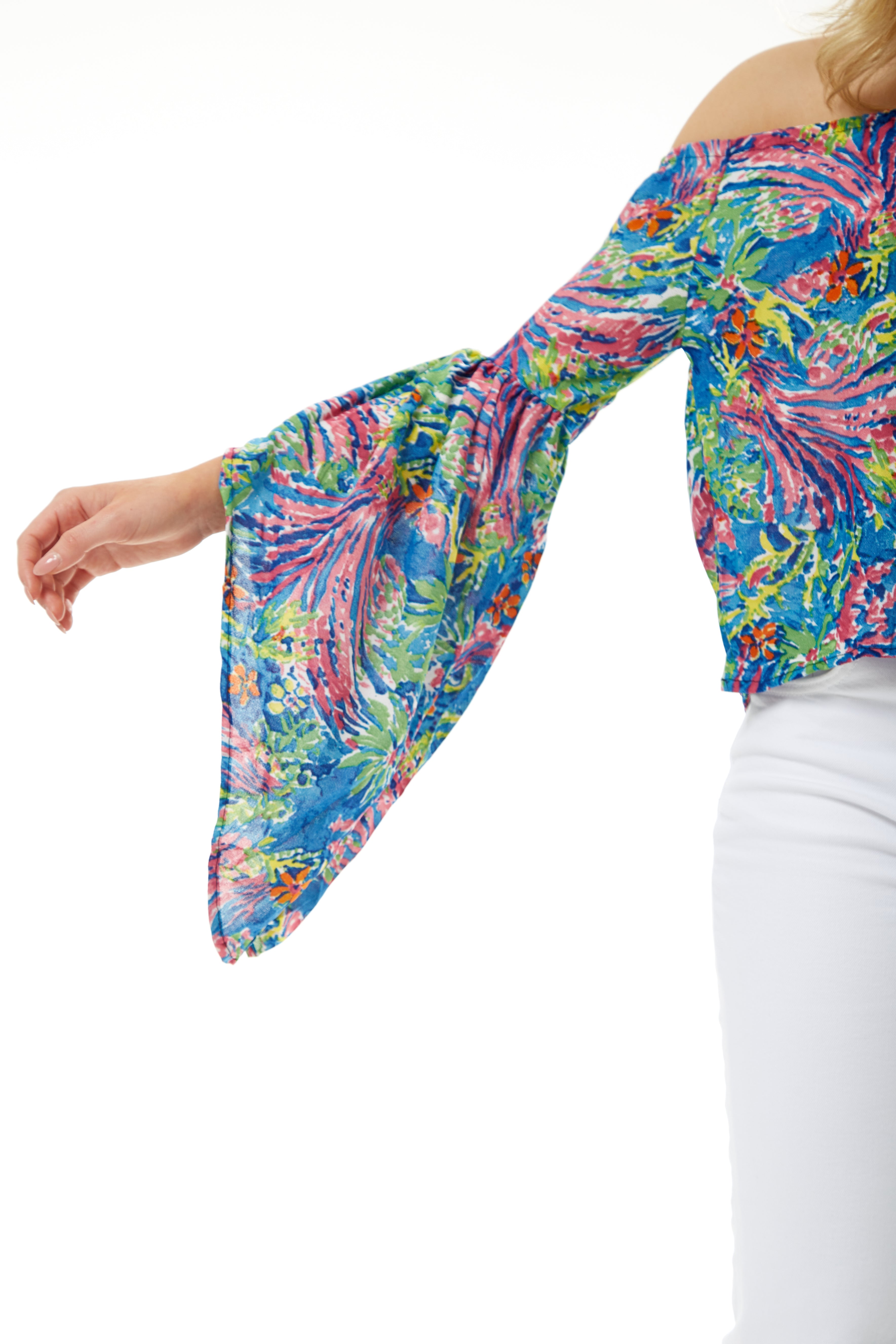 Women's Off Shoulder Multicolour Floral Print Top - Summer Style, Regular Fit, Short Sleeves, UK Sizes S- L