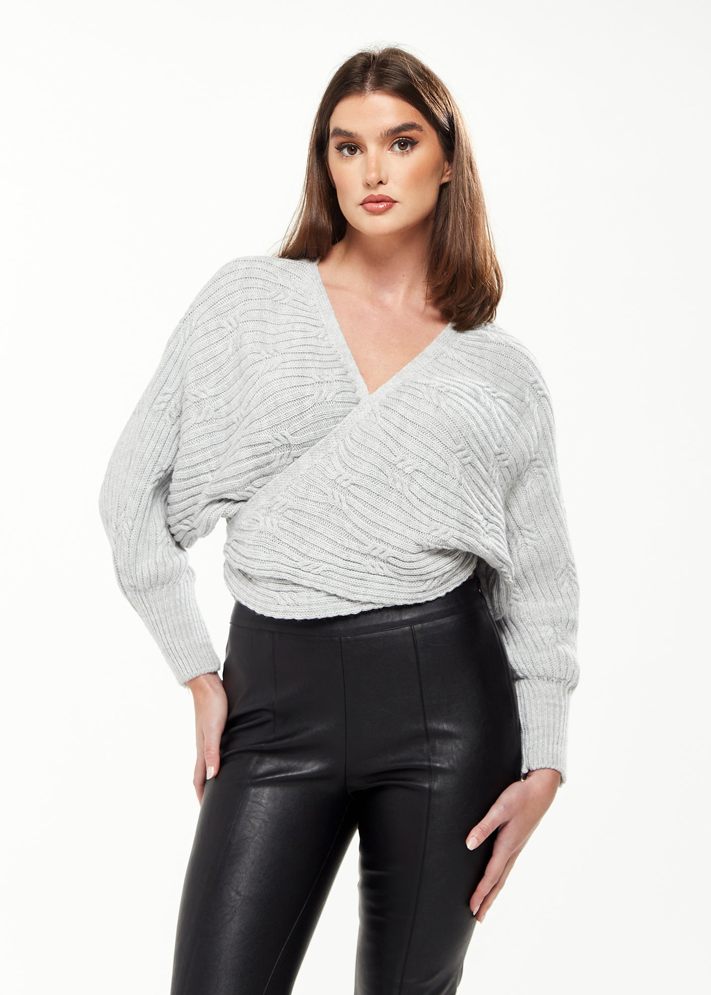 Women's Cardigan in Grey with Ribbed Pattern, Batwing Sleeves & Knot Detail - Liquorish