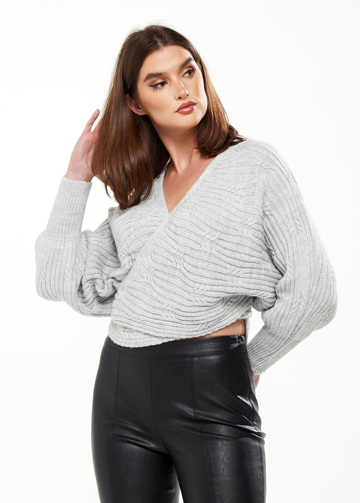 Women's Cardigan in Grey with Ribbed Pattern, Batwing Sleeves & Knot Detail - Liquorish