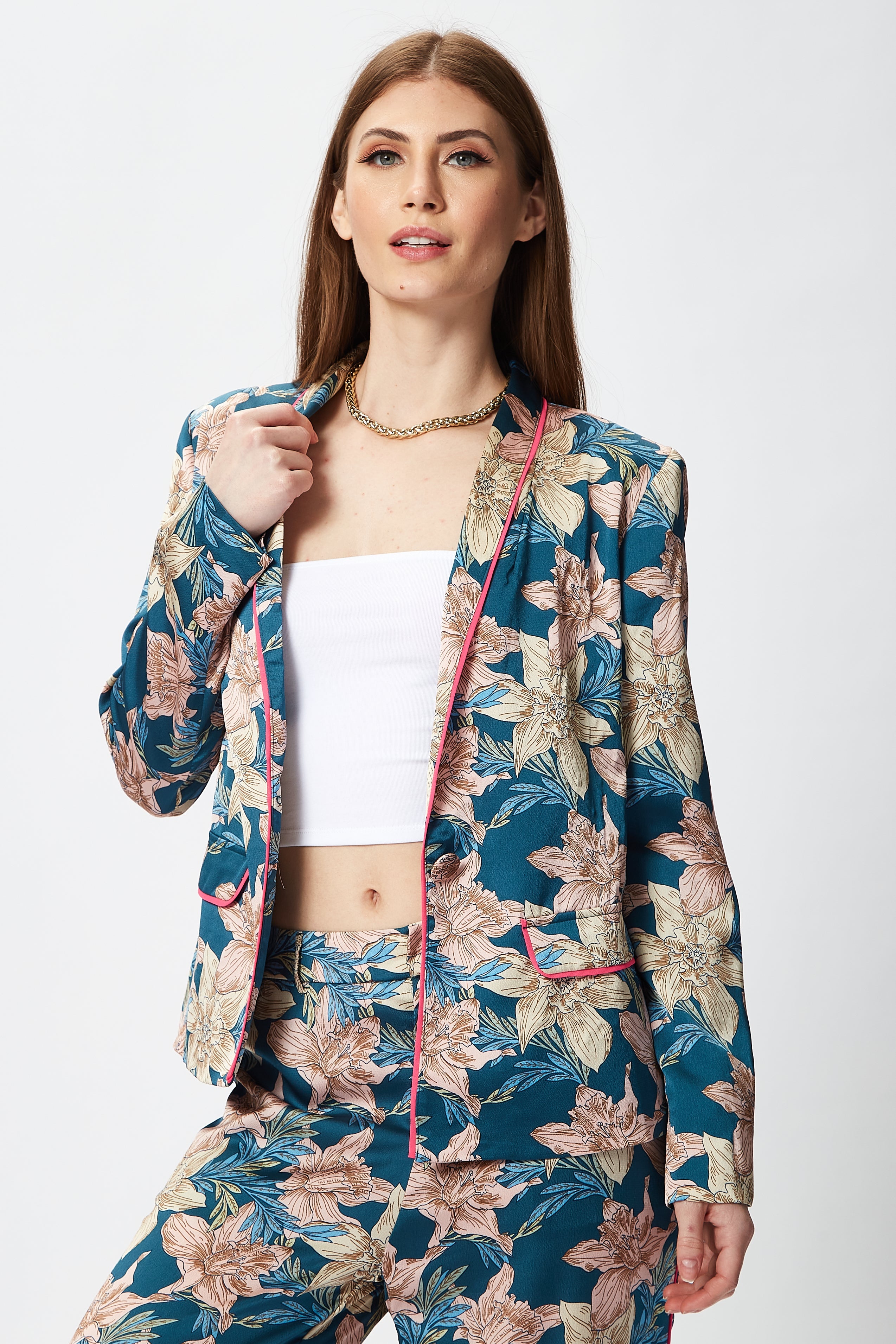 Women's Floral Jacket with Neon Piping, Shawl Lapels, Plunge Neck, Regular Fit - Liquorish