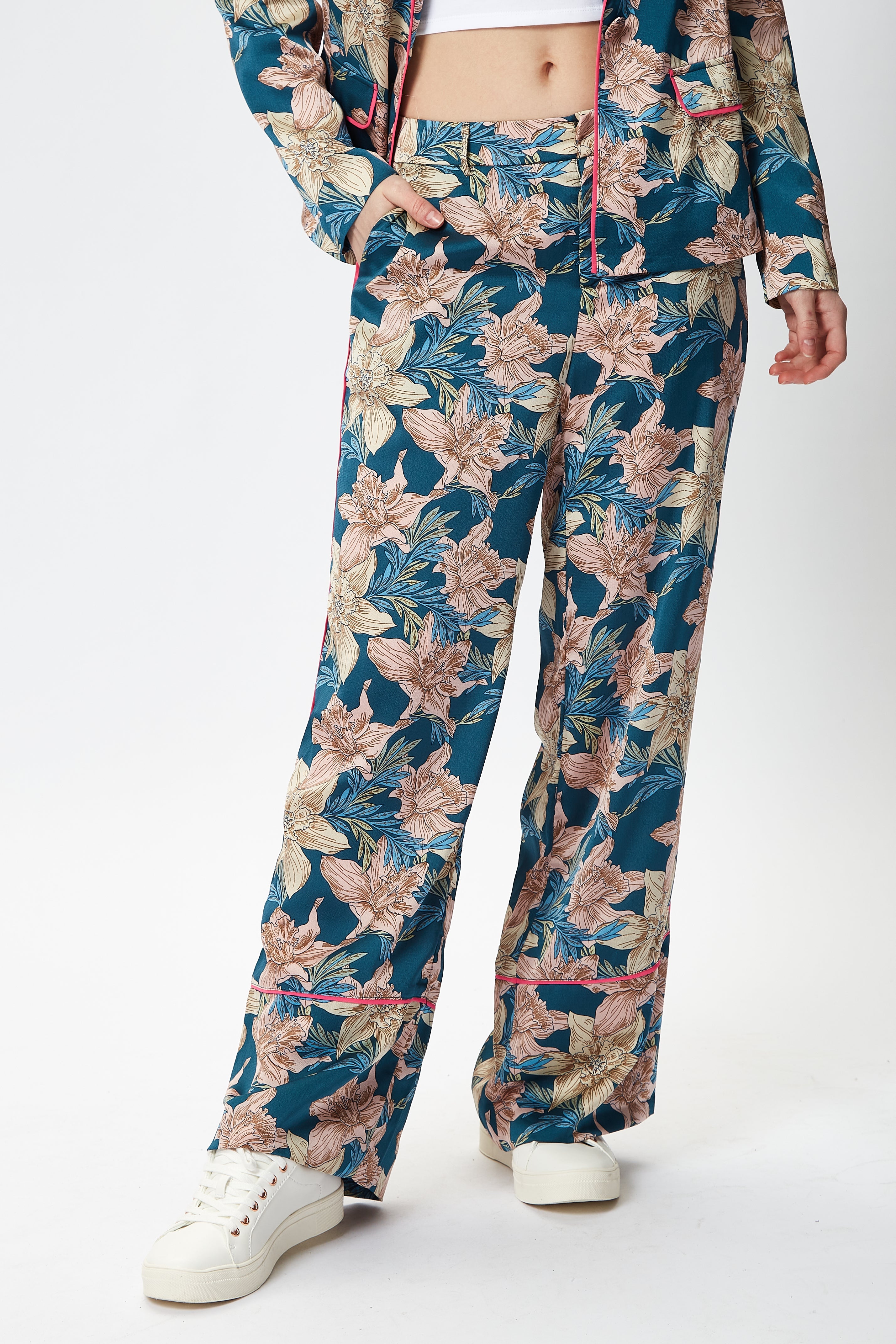 Women's Trousers with Floral Pattern and Neon Piping, Mid-Rise Waist, Regular Fit - Liquorish