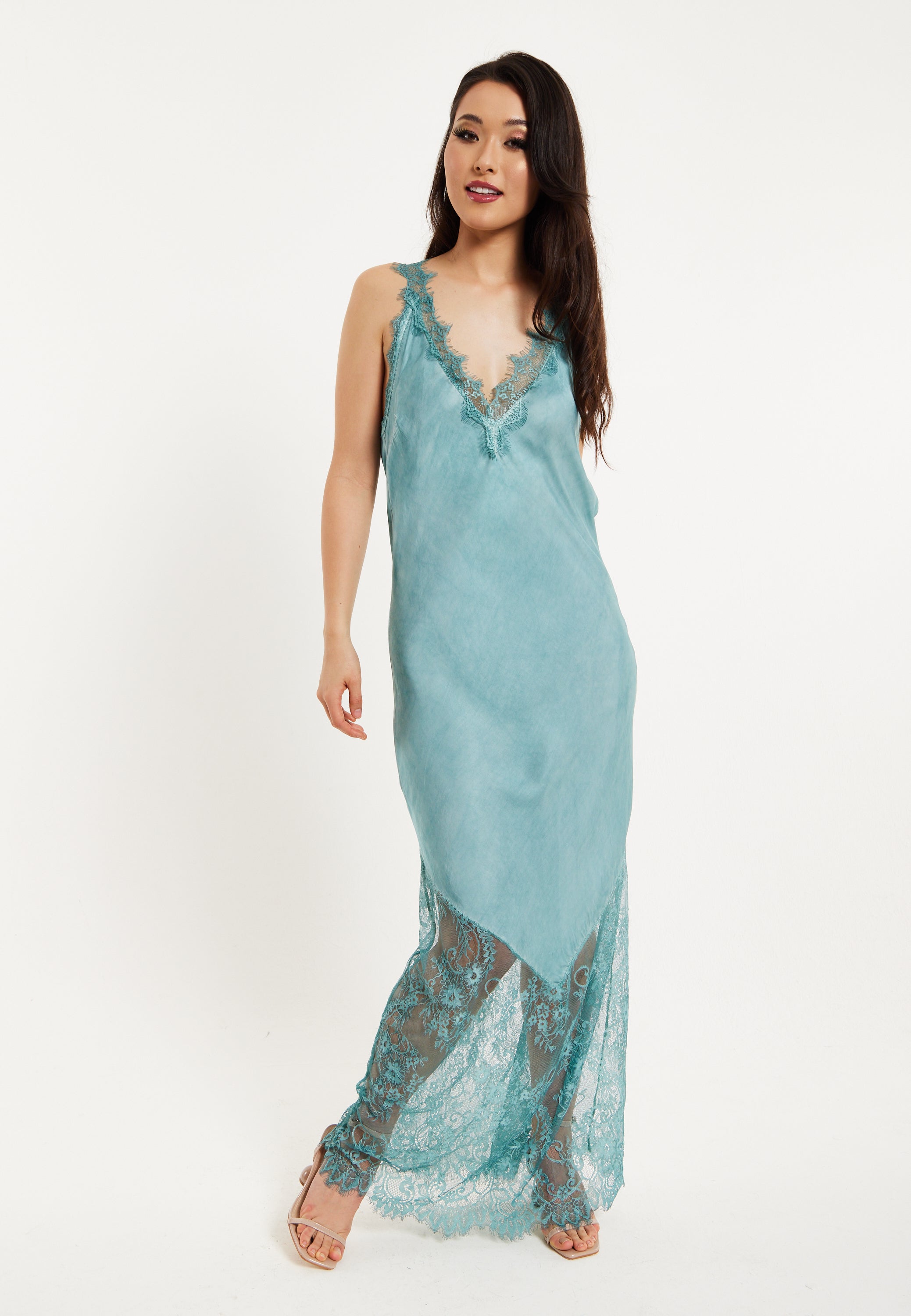 Women's Maxi Dress with Lace Detail V-Neck and Short Sleeves in Sage Blue - Liquorish