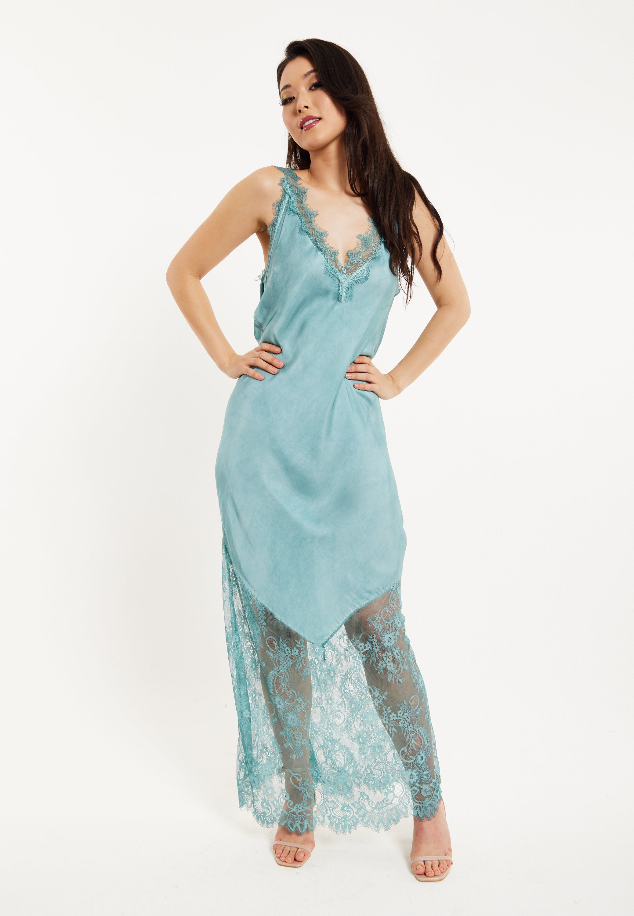 Women's Maxi Dress with Lace Detail V-Neck and Short Sleeves in Sage Blue - Liquorish