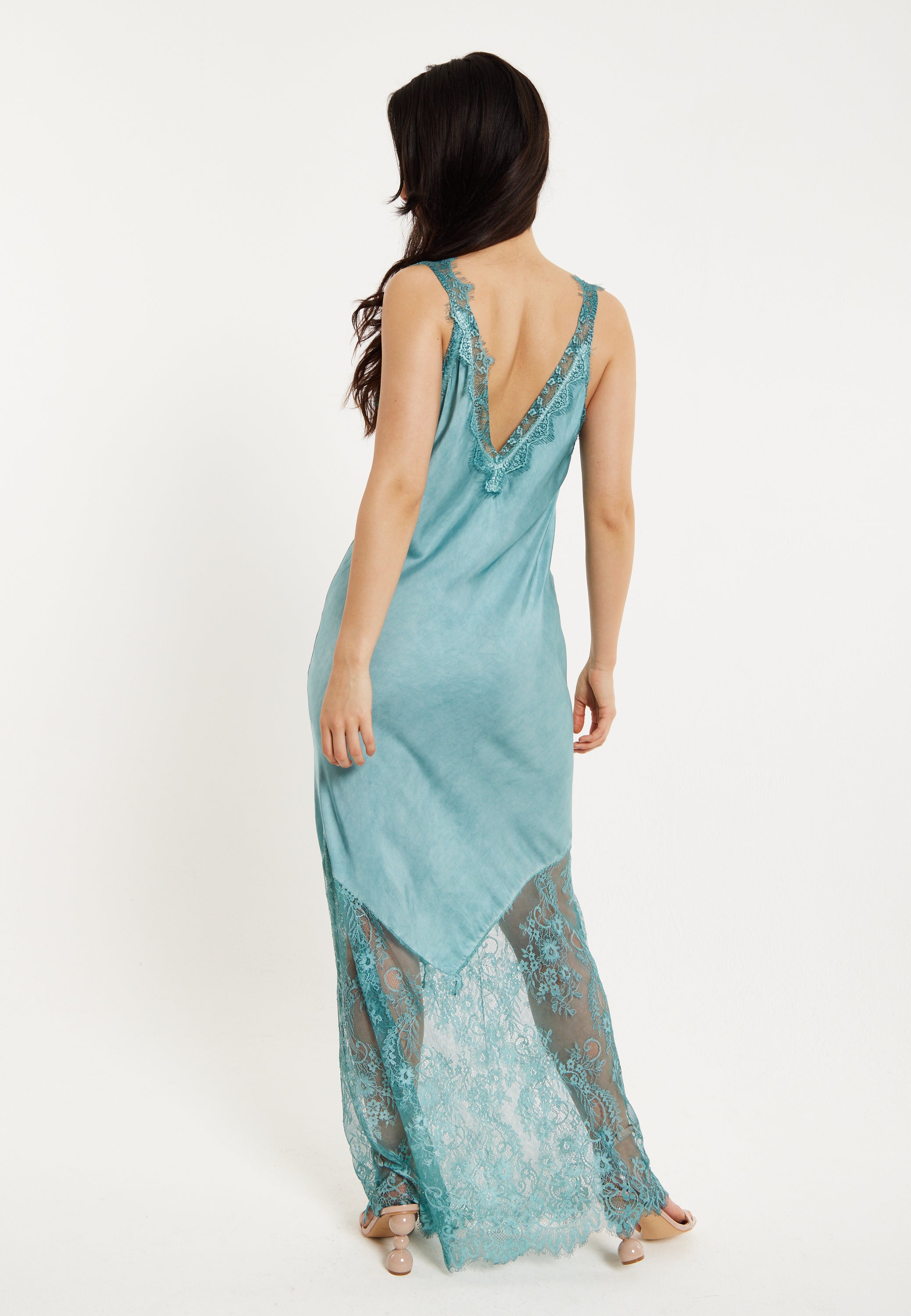 Women's Maxi Dress with Lace Detail V-Neck and Short Sleeves in Sage Blue - Liquorish