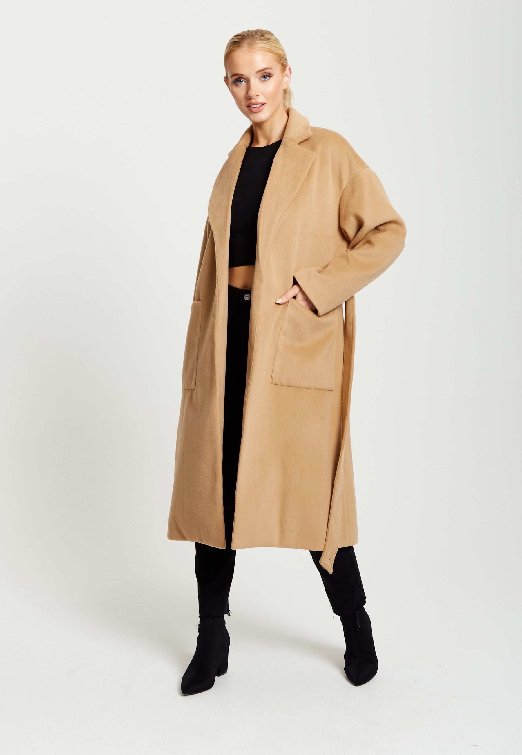 Women's Camel Longline Coat with Notch Collar, Tie Waist, and Side Pockets - Relaxed Fit, Liquorish