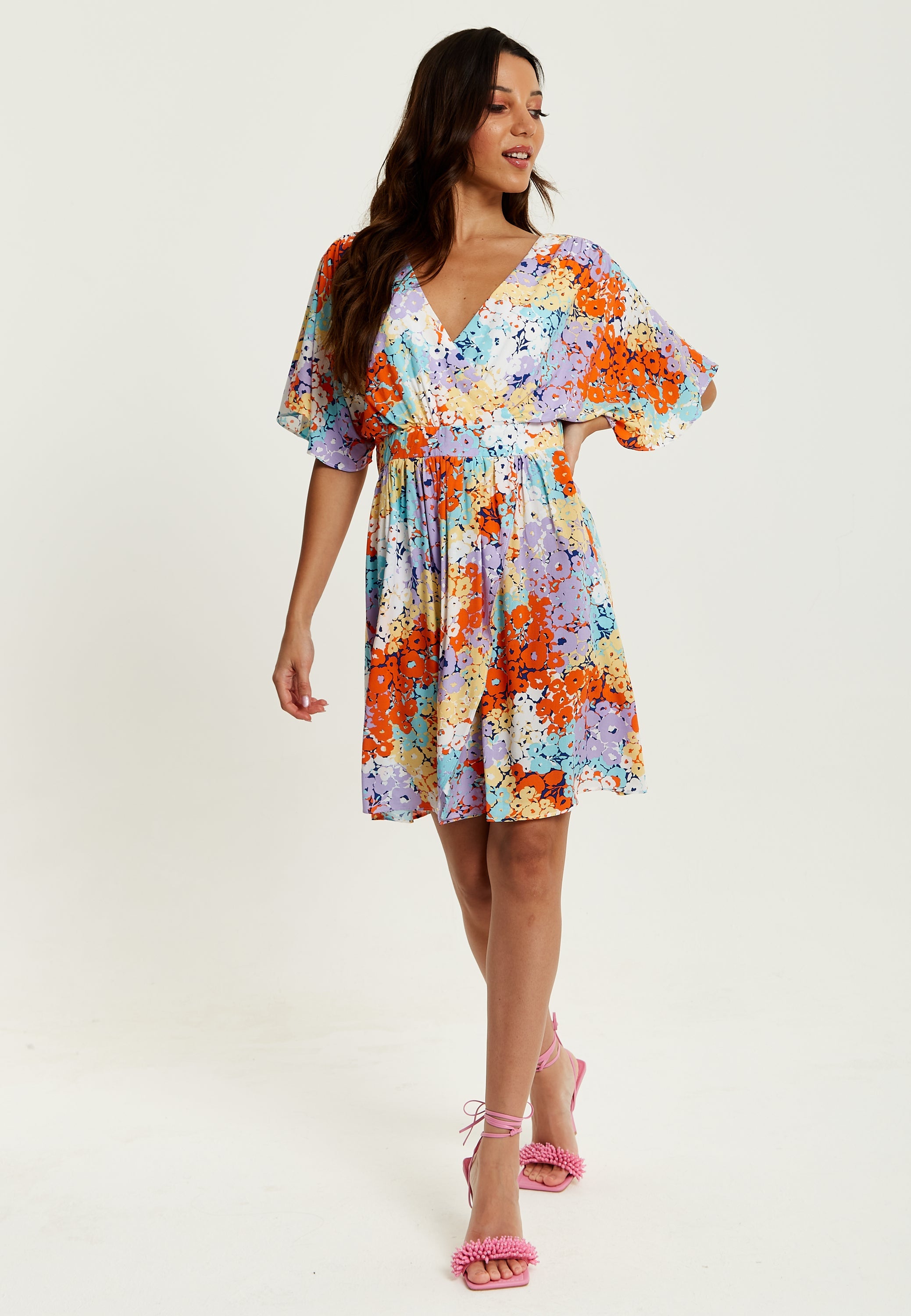 Women's Mini Dress with Open Back and Elasticated Waist in Multicolour Floral Print - Liquorish