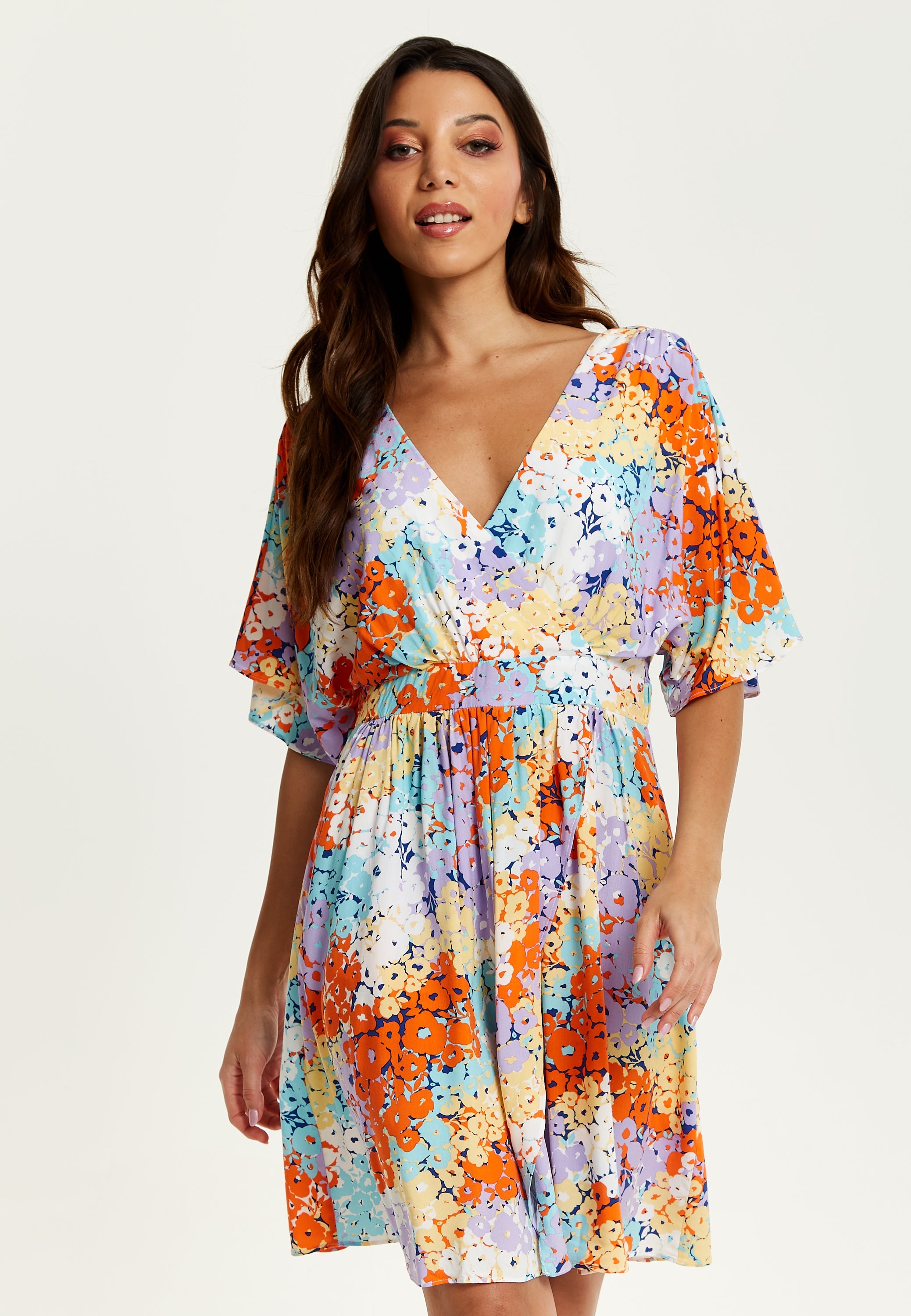 Women's Mini Dress with Open Back and Elasticated Waist in Multicolour Floral Print - Liquorish