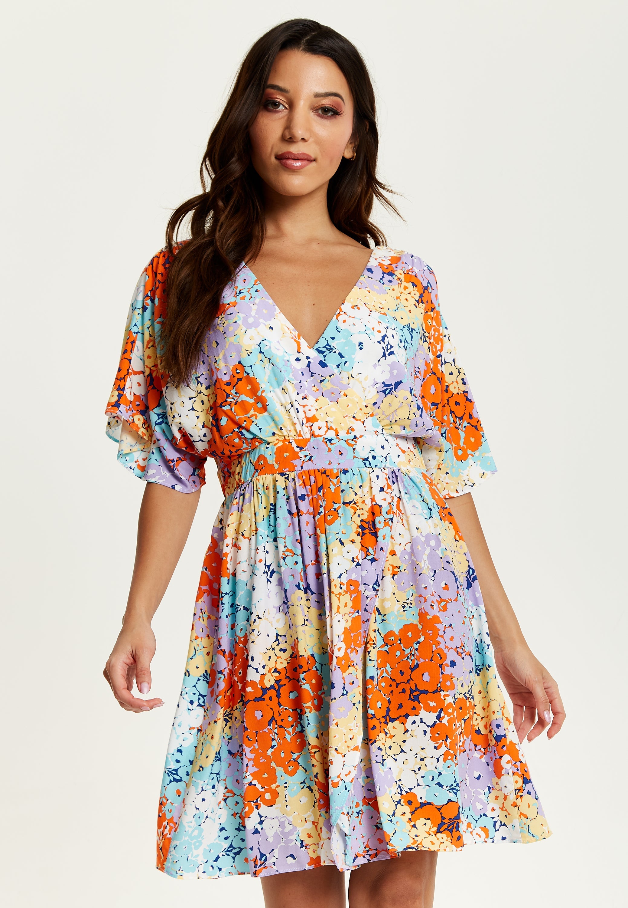 Women's Mini Dress with Open Back and Elasticated Waist in Multicolour Floral Print - Liquorish