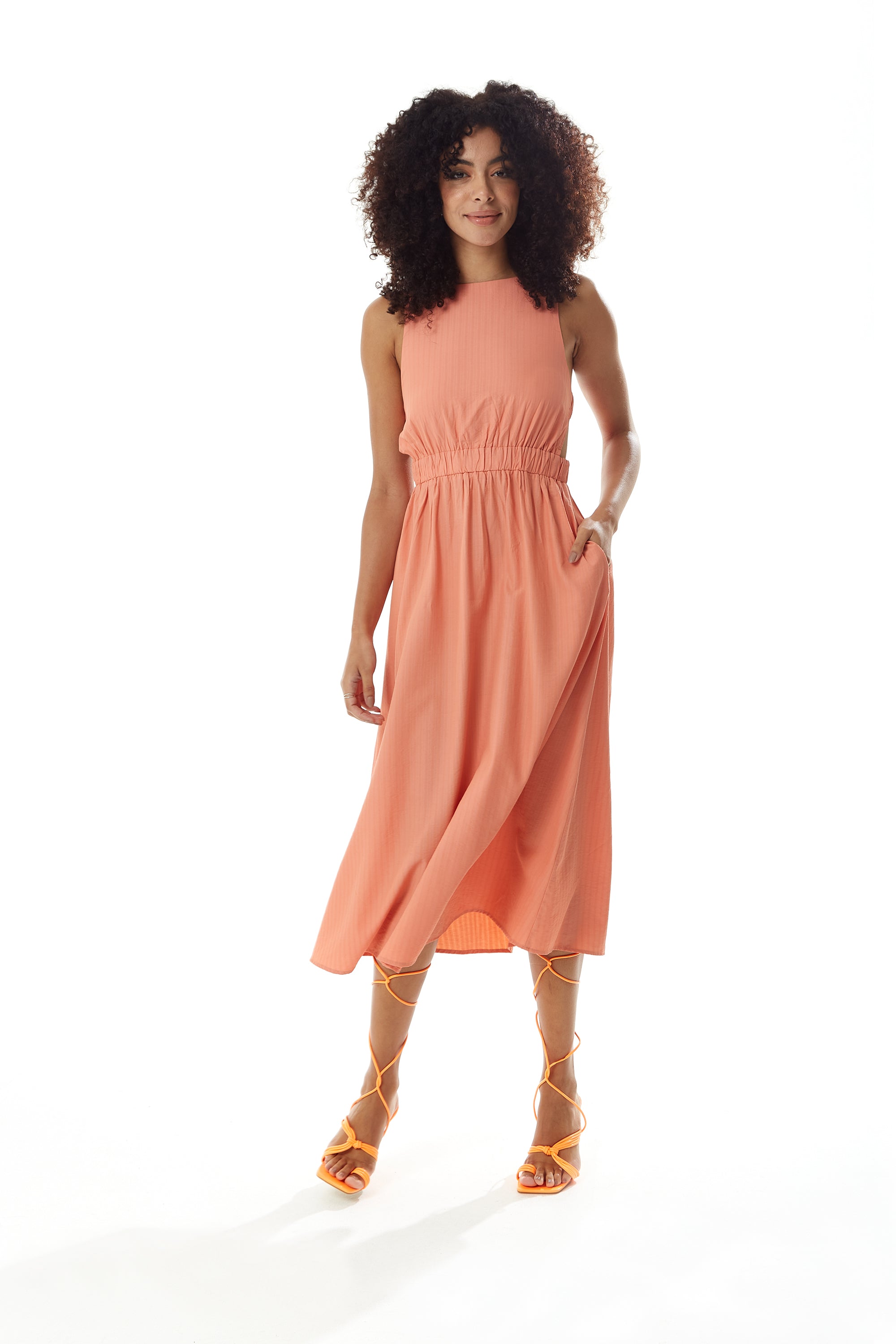 Women's Midi Dress in Plain Orange with Open Back, Sleeveless Design, and Elasticated Waist - Liquorish