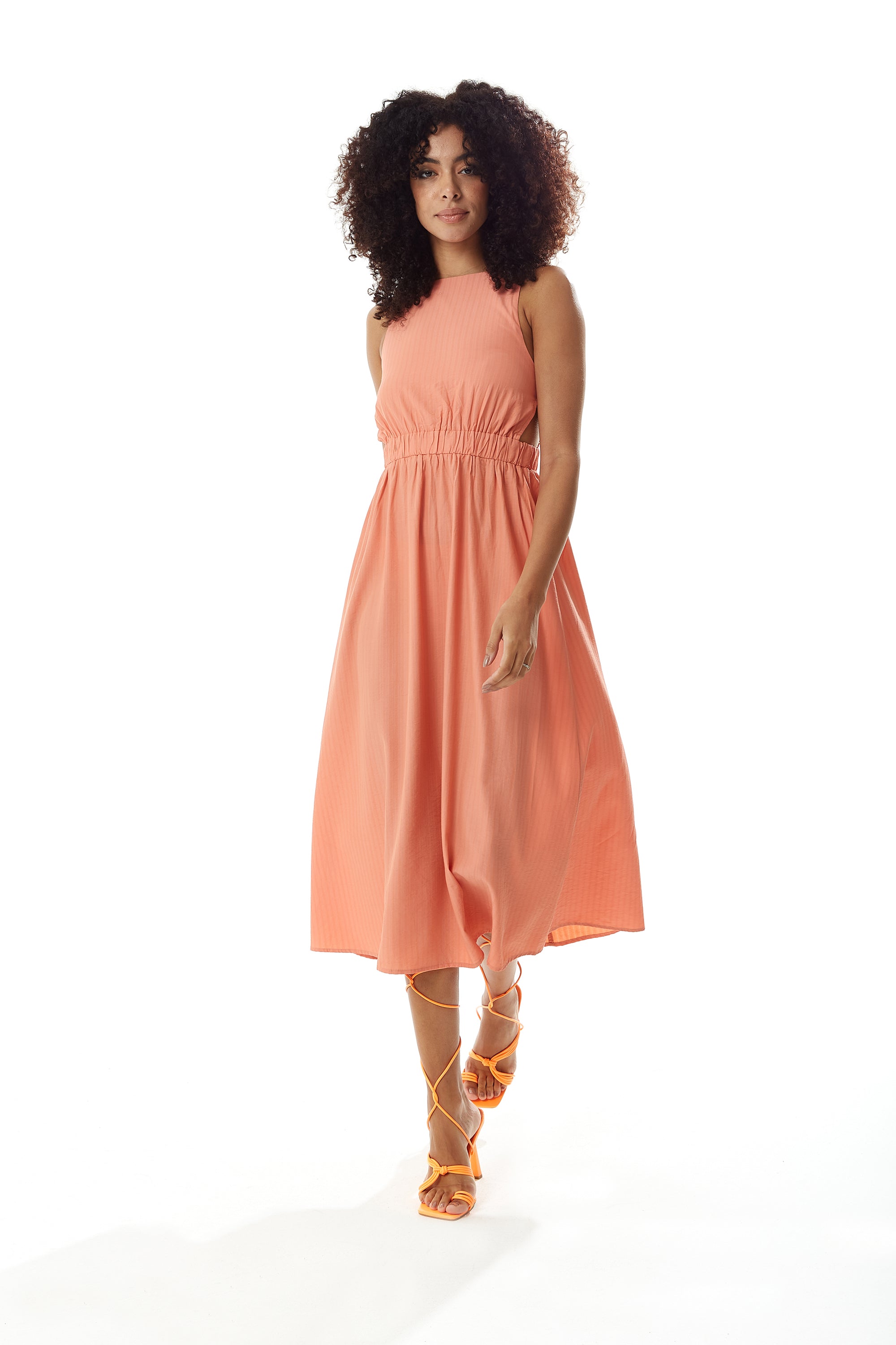 Women's Midi Dress in Plain Orange with Open Back, Sleeveless Design, and Elasticated Waist - Liquorish
