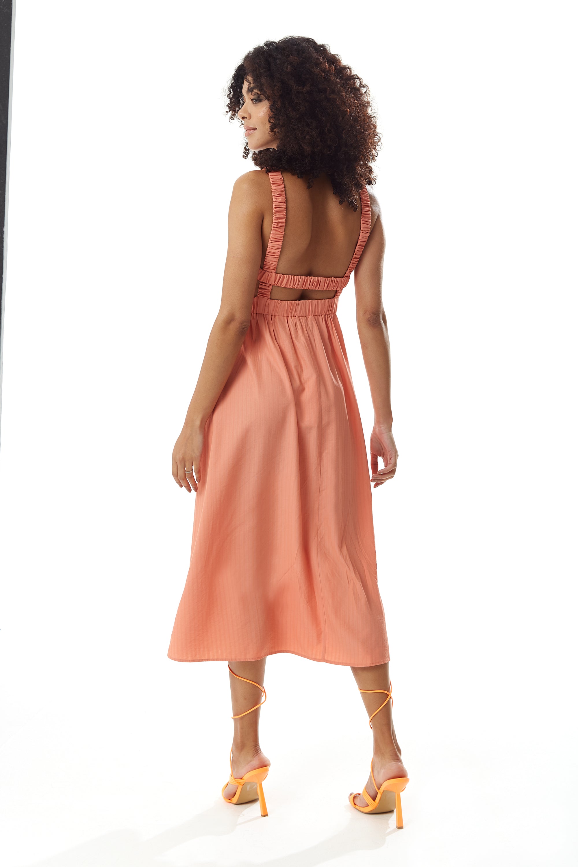 Women's Midi Dress in Plain Orange with Open Back, Sleeveless Design, and Elasticated Waist - Liquorish