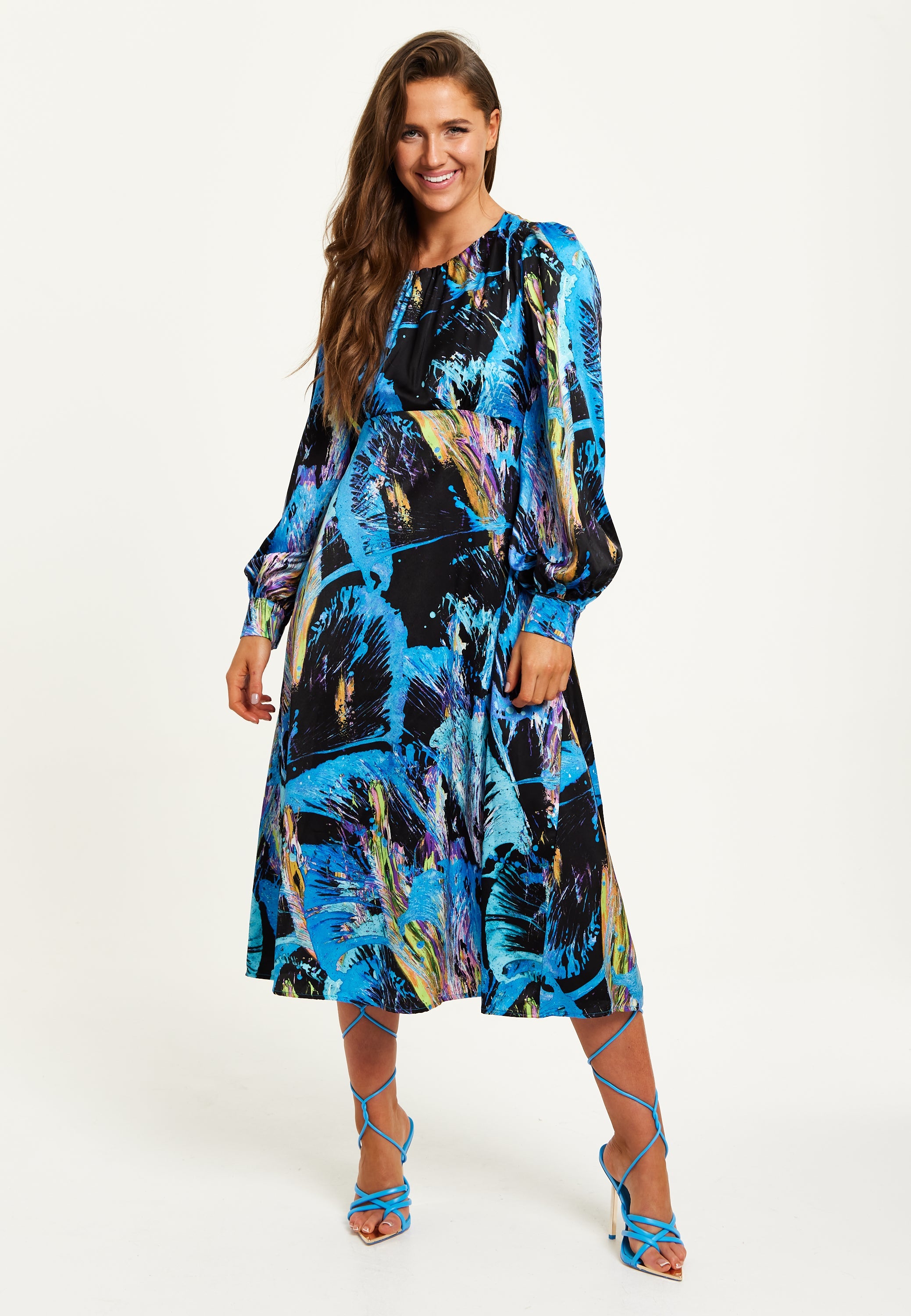Women's Midi Dress in Multicolour Abstract Print with Long Sleeves and Tie Waist - Liquorish