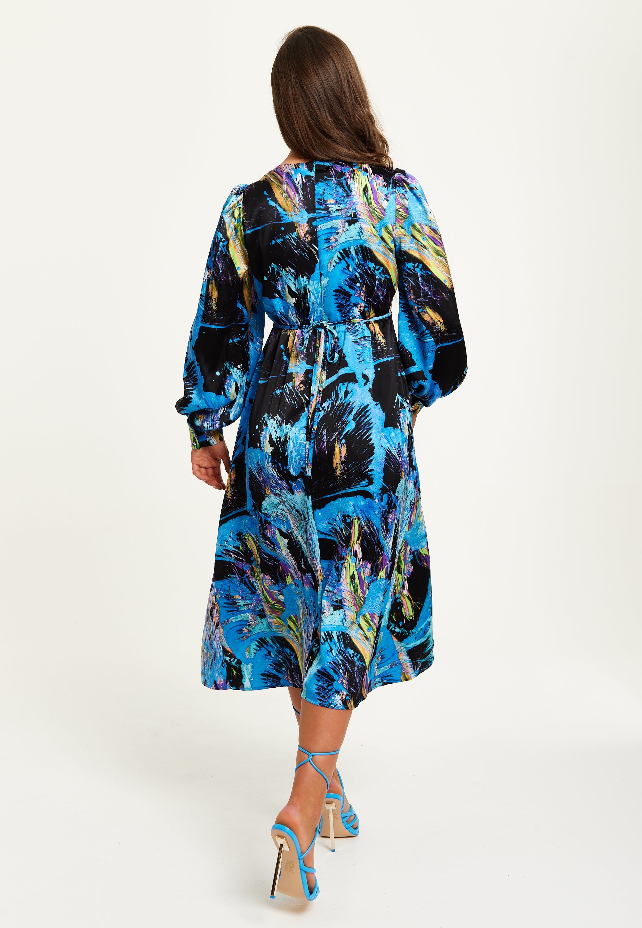 Women's Midi Dress in Multicolour Abstract Print with Long Sleeves and Tie Waist - Liquorish