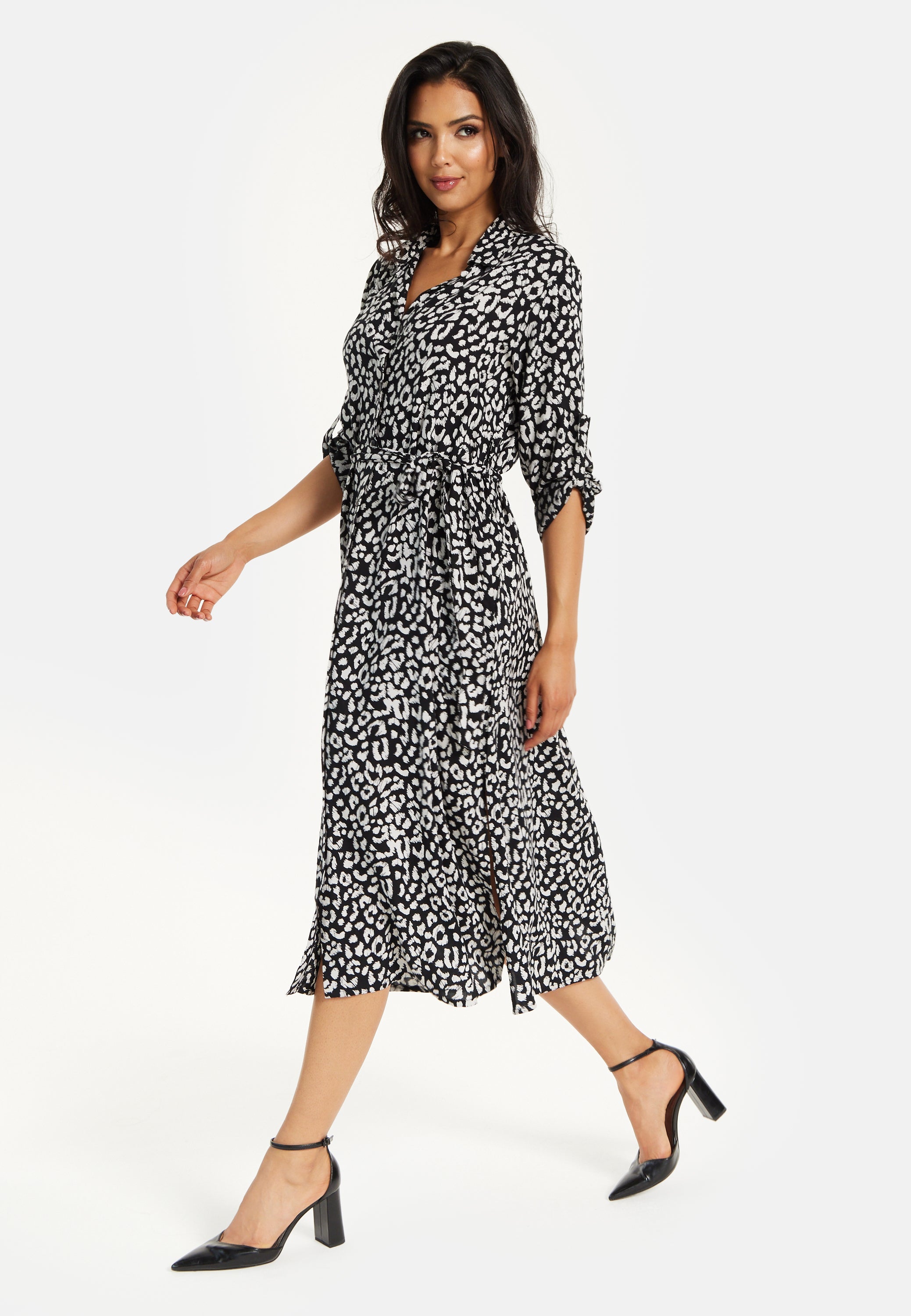 Women's Midi Dress in Leopard Print with Roll-Up Sleeves - Stylish Button Through Design by Liquorish