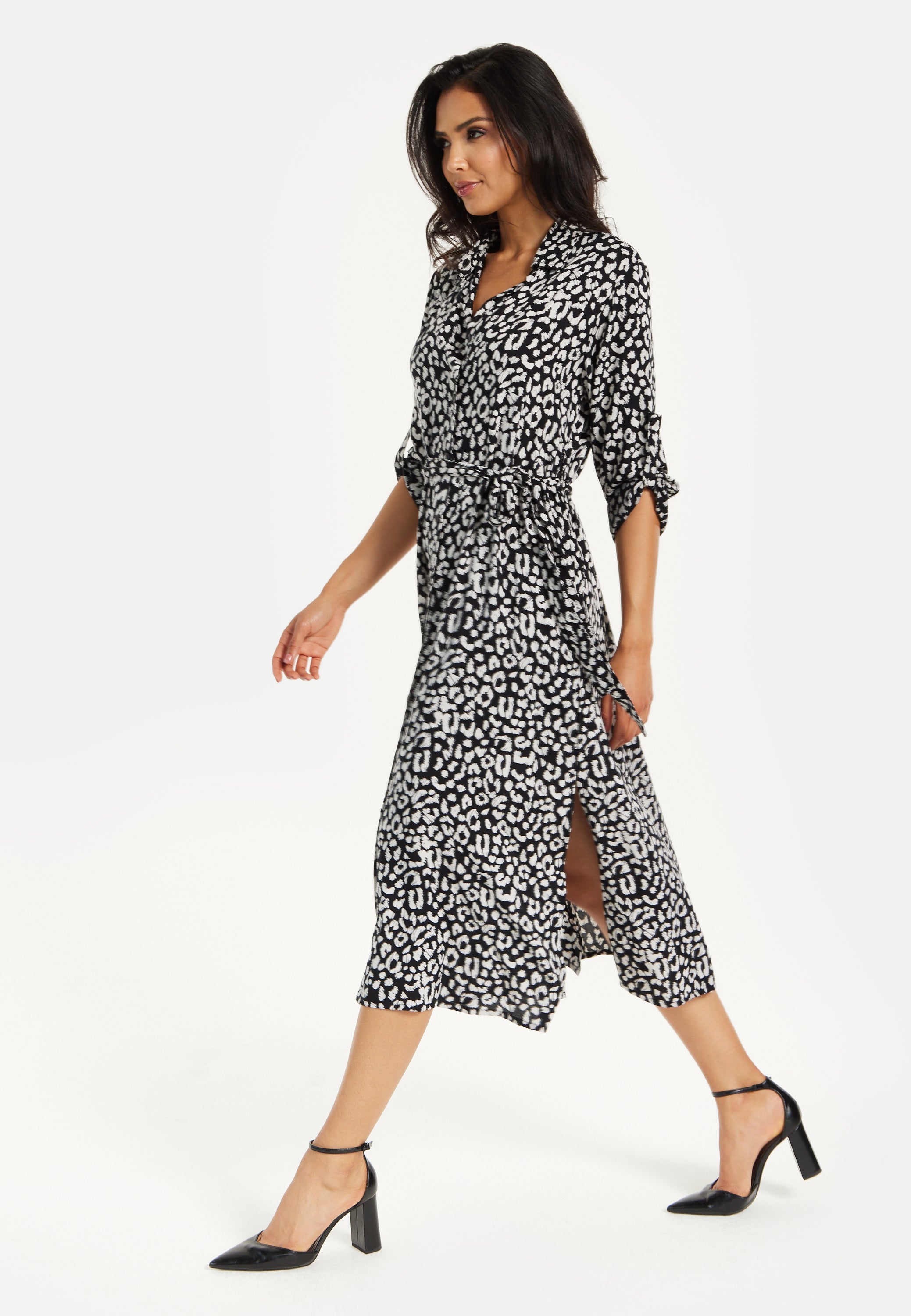 Women's Midi Dress in Leopard Print with Roll-Up Sleeves - Stylish Button Through Design by Liquorish