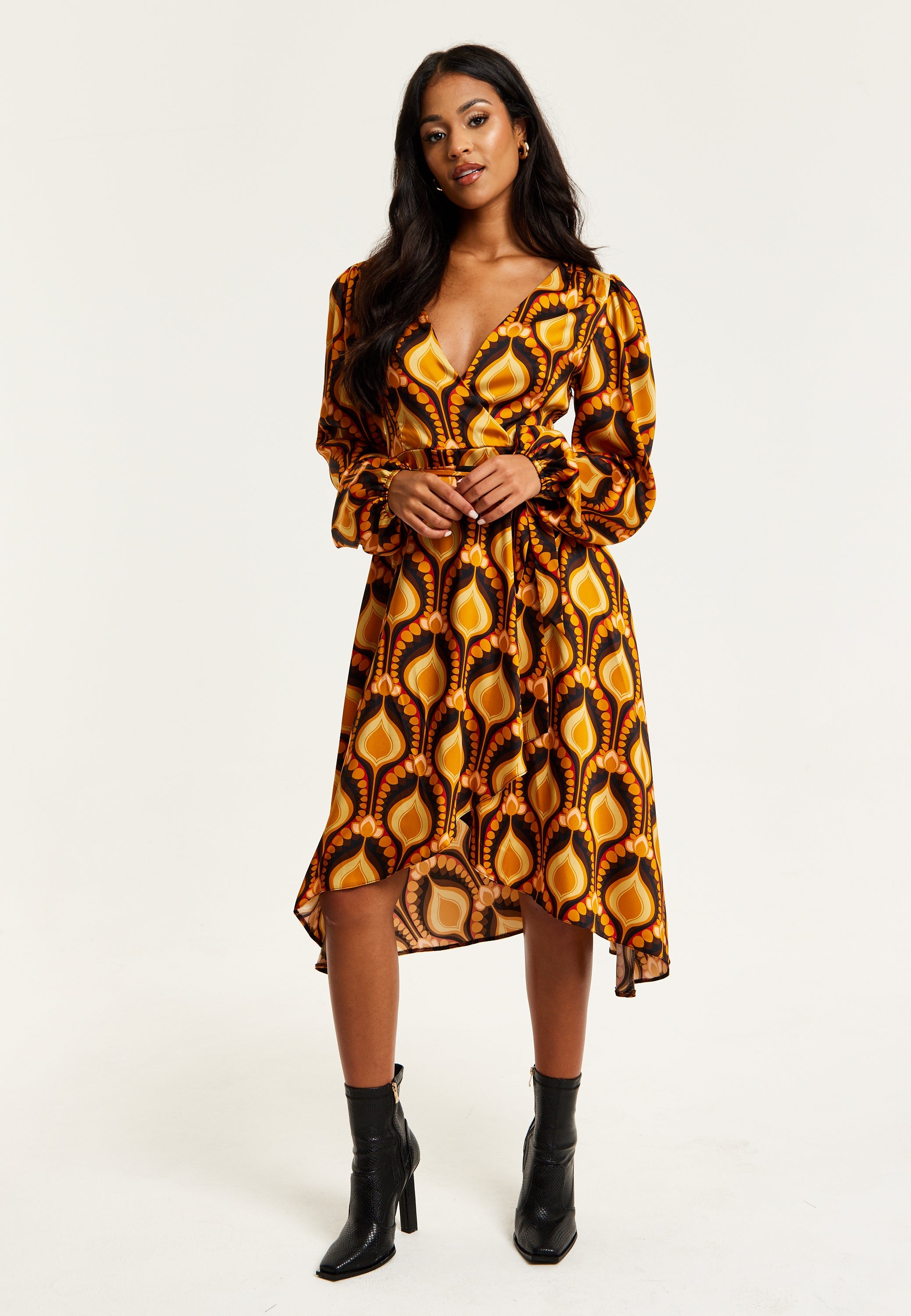 Women's Midi Wrap Dress with Balloon Sleeves in Retro Print - Elegant Fake Wrap Style, Perfect for Any Occasion by Liquorish