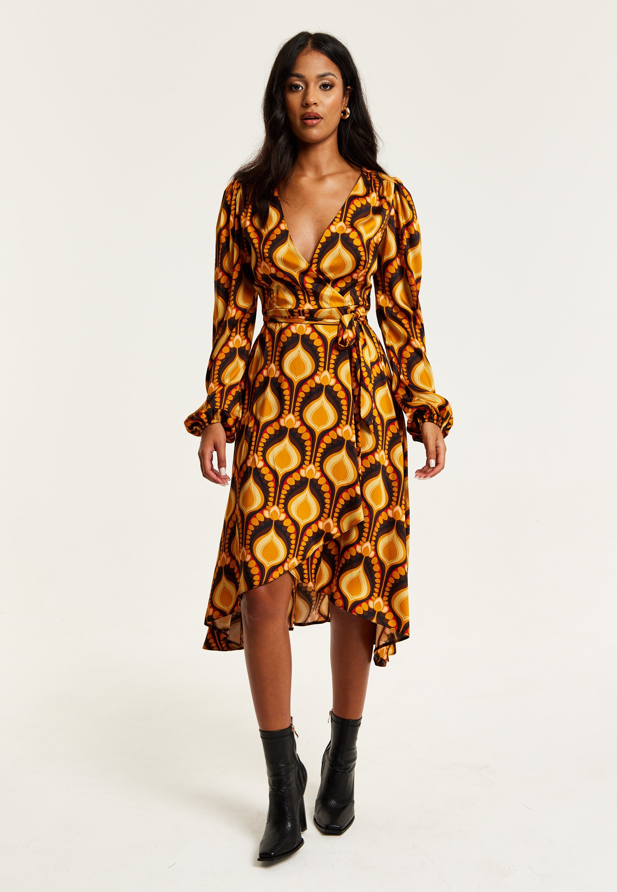 Women's Midi Wrap Dress with Balloon Sleeves in Retro Print - Elegant Fake Wrap Style, Perfect for Any Occasion by Liquorish