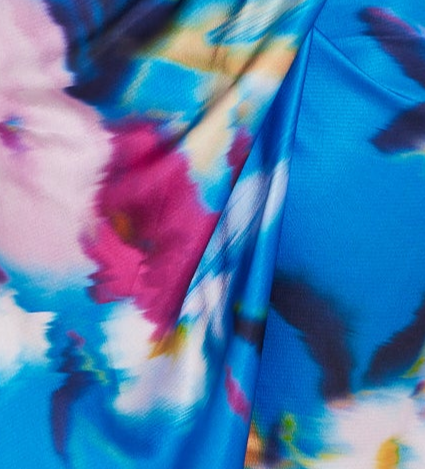 Women’s Midi Dress in Blue Floral Satin with Wrap Style, V Neck, Long Sleeves, and Adjustable Tie Waist