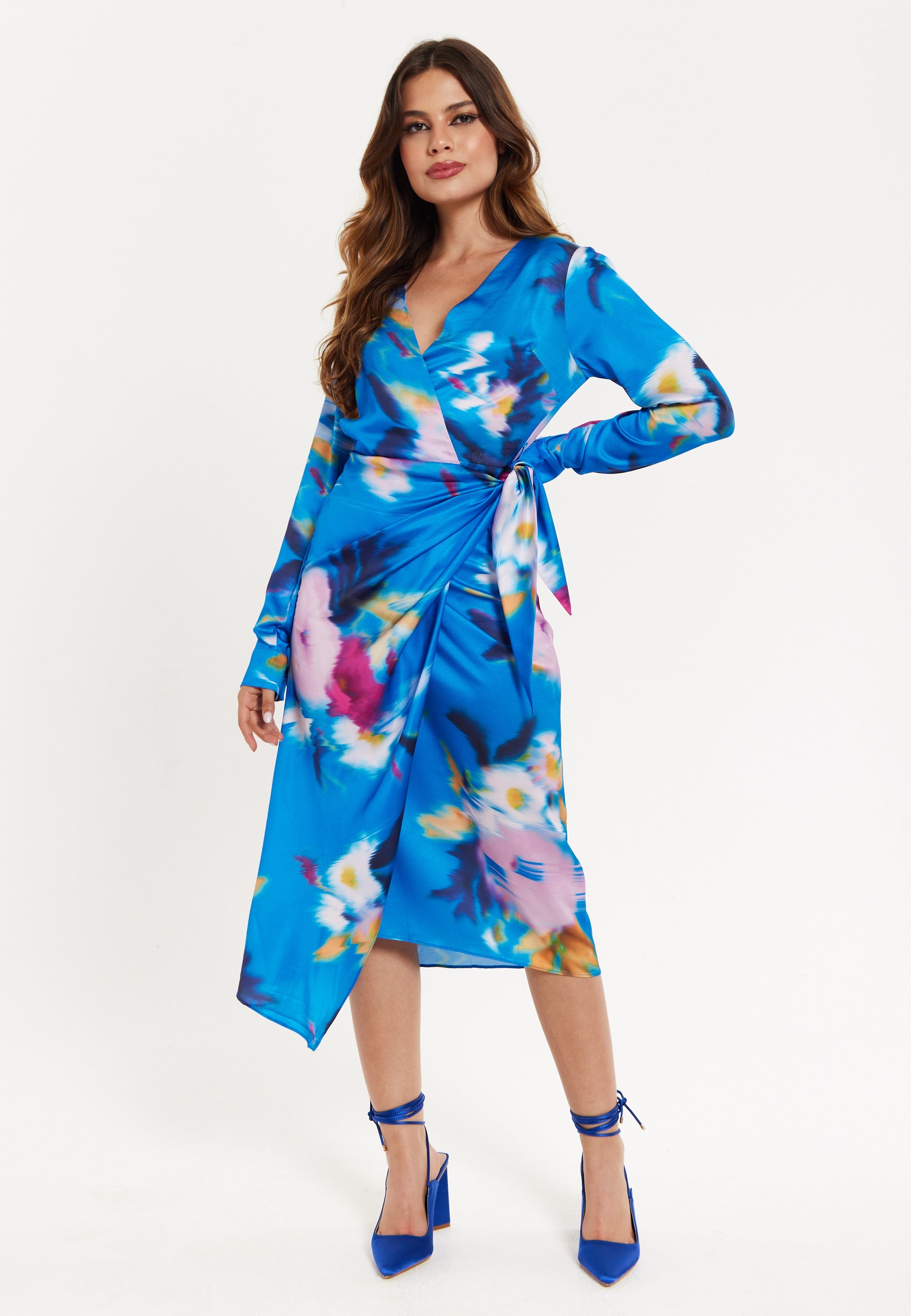 Women’s Midi Dress in Blue Floral Satin with Wrap Style, V Neck, Long Sleeves, and Adjustable Tie Waist