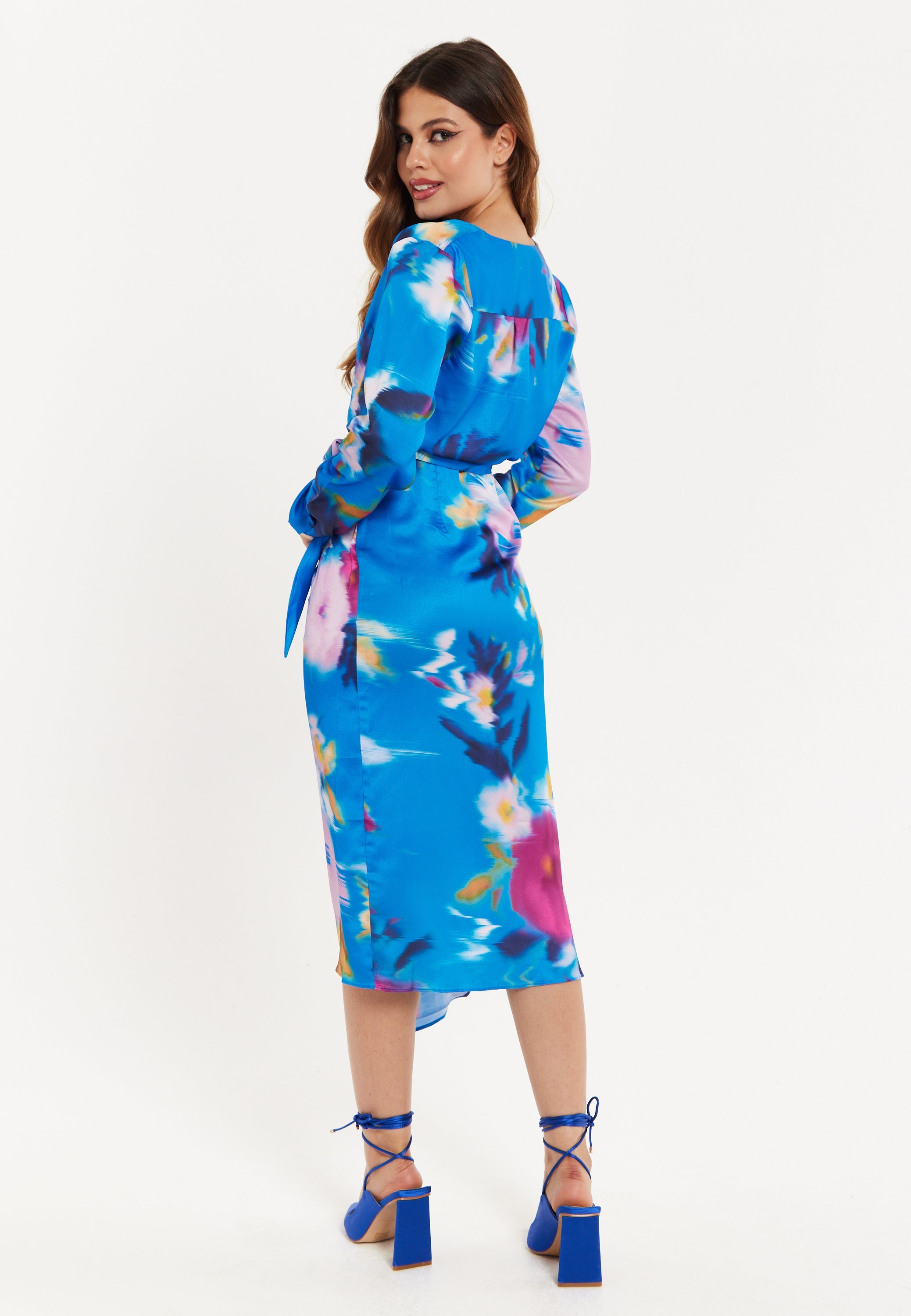 Women’s Midi Dress in Blue Floral Satin with Wrap Style, V Neck, Long Sleeves, and Adjustable Tie Waist