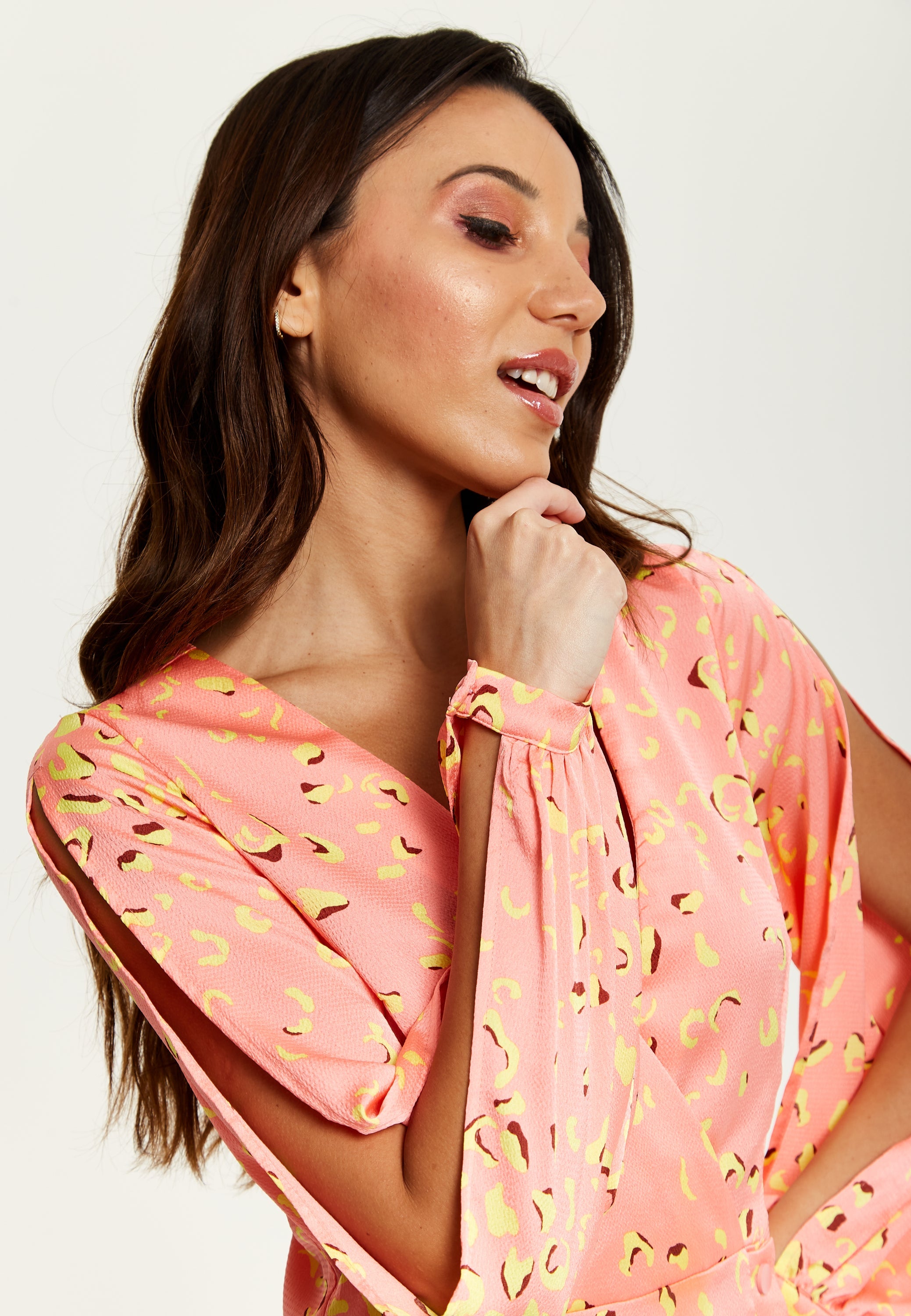 Women's Mini Dress in Peach with Slit Sleeves and Abstract Animal Print - Effortless Style by Liquorish