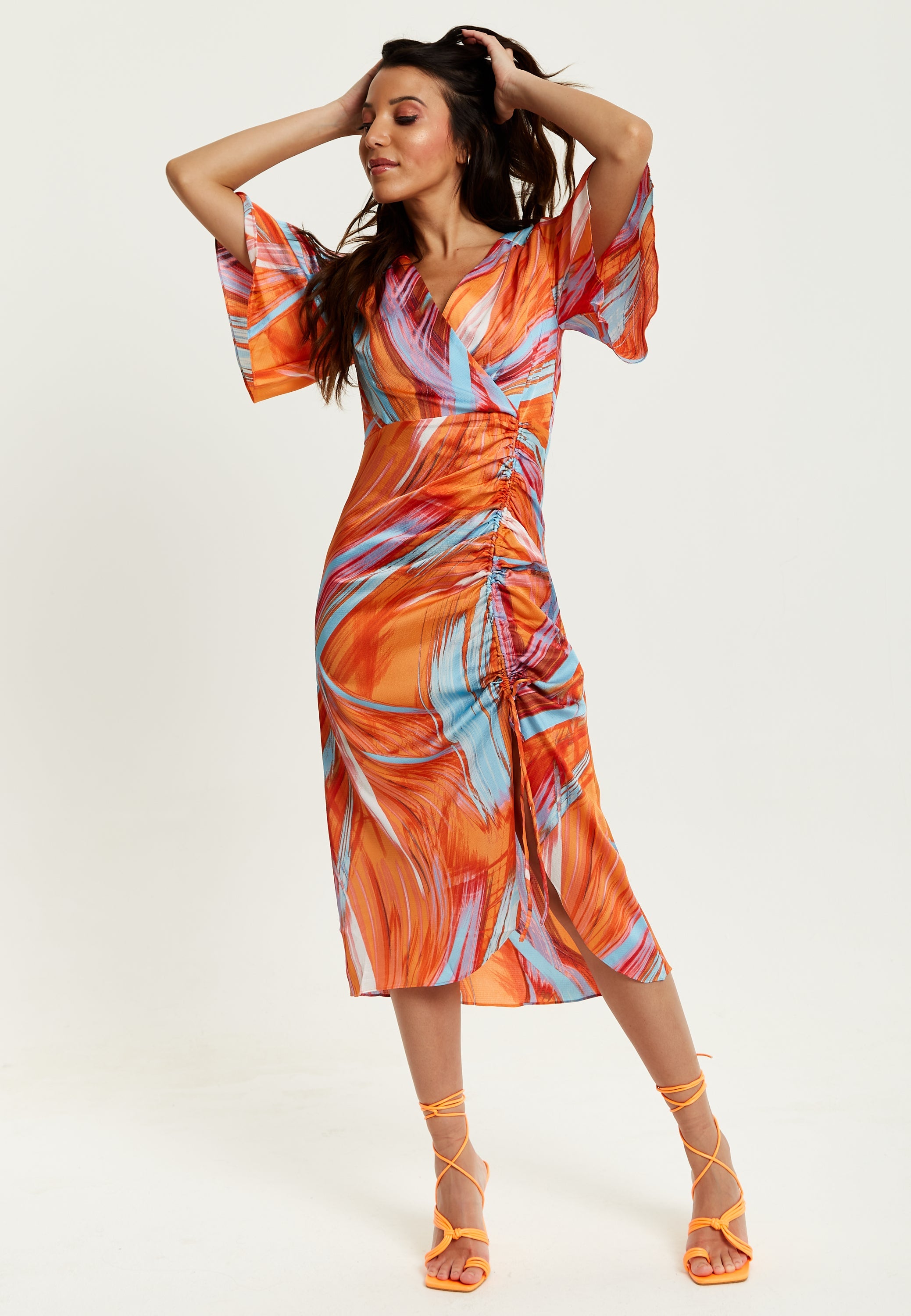 Women's Midi Dress with Kimono Sleeves and Abstract Brush Stroke Print in Orange - Liquorish