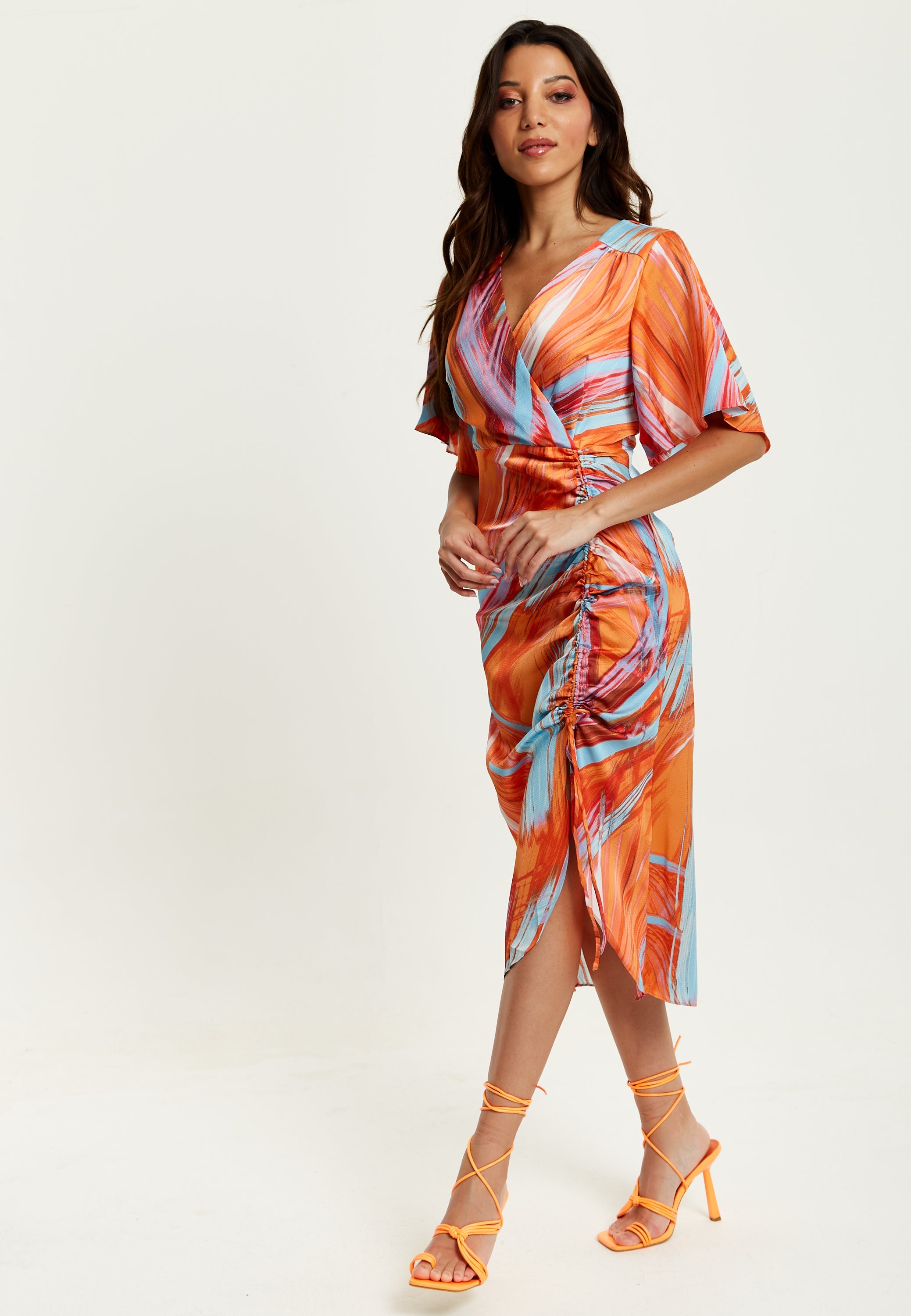 Women's Midi Dress with Kimono Sleeves and Abstract Brush Stroke Print in Orange - Liquorish