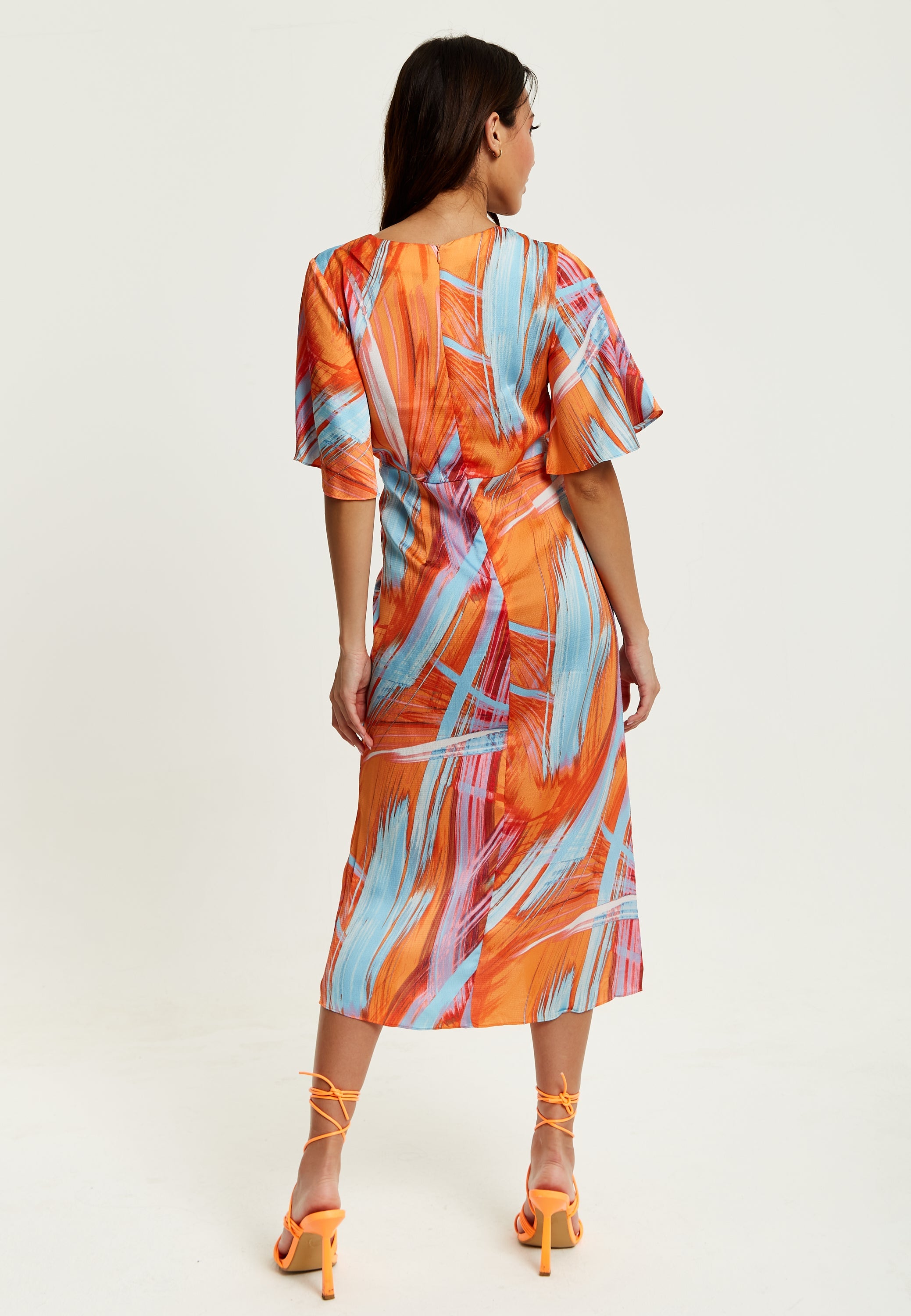 Women's Midi Dress with Kimono Sleeves and Abstract Brush Stroke Print in Orange - Liquorish