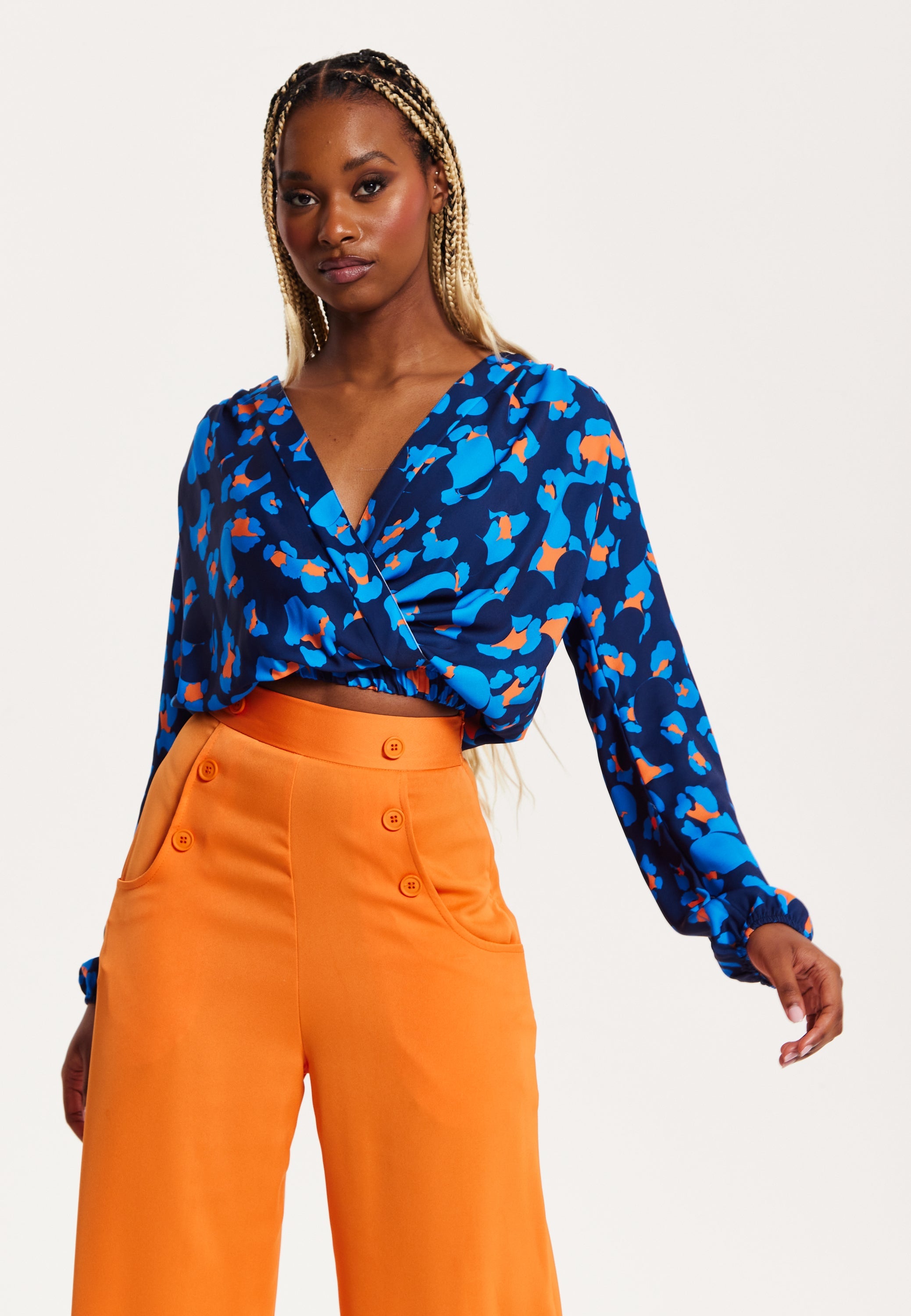 Women's Abstract Print Wrap Top In Pink, Orange, And Blue - Crossover Front, V Neck, Long Sleeves, Elasticated Waist