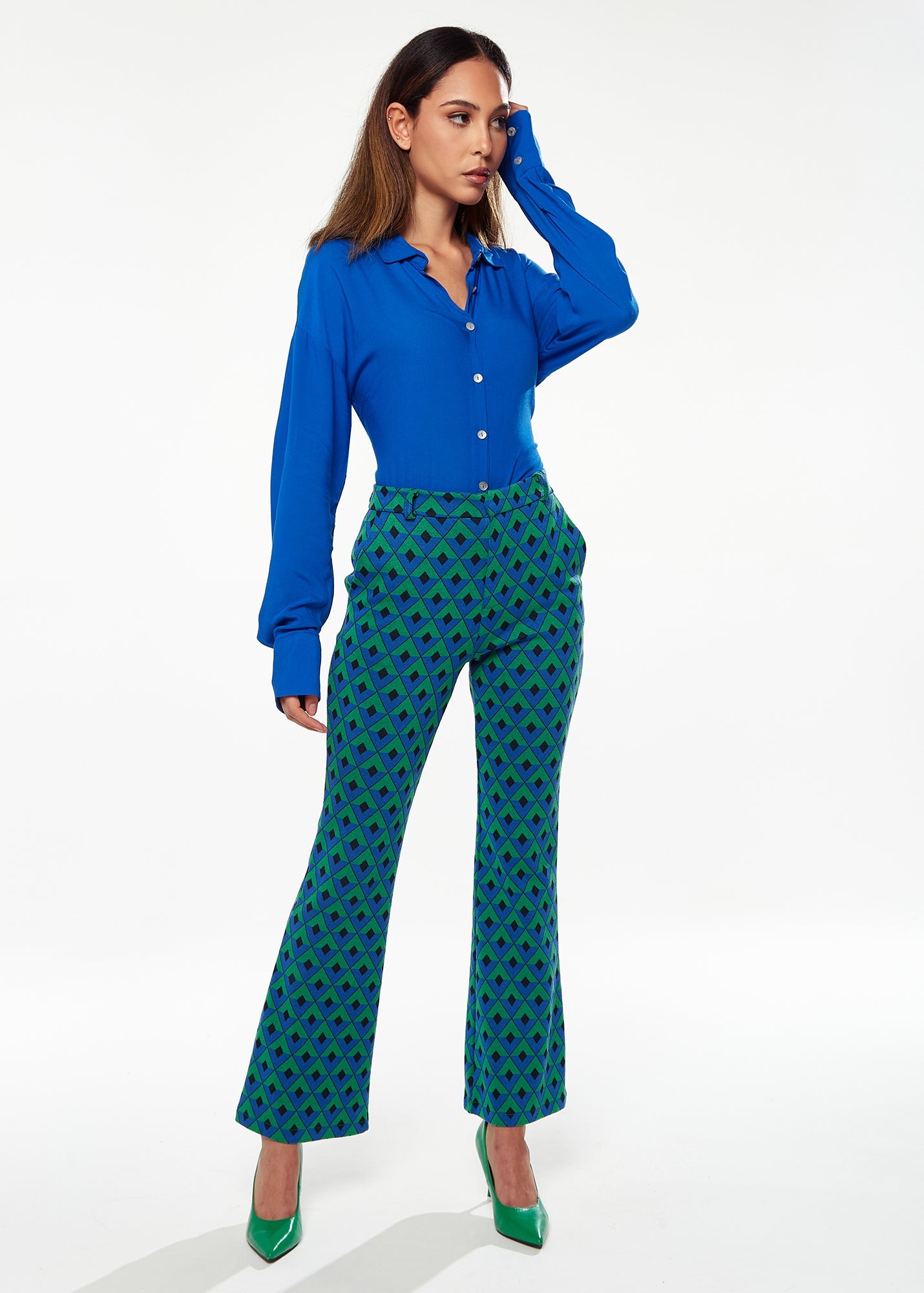 Women's Trousers in Green & Blue Geometric Print with Flared Hem and Side Pockets - Liquorish