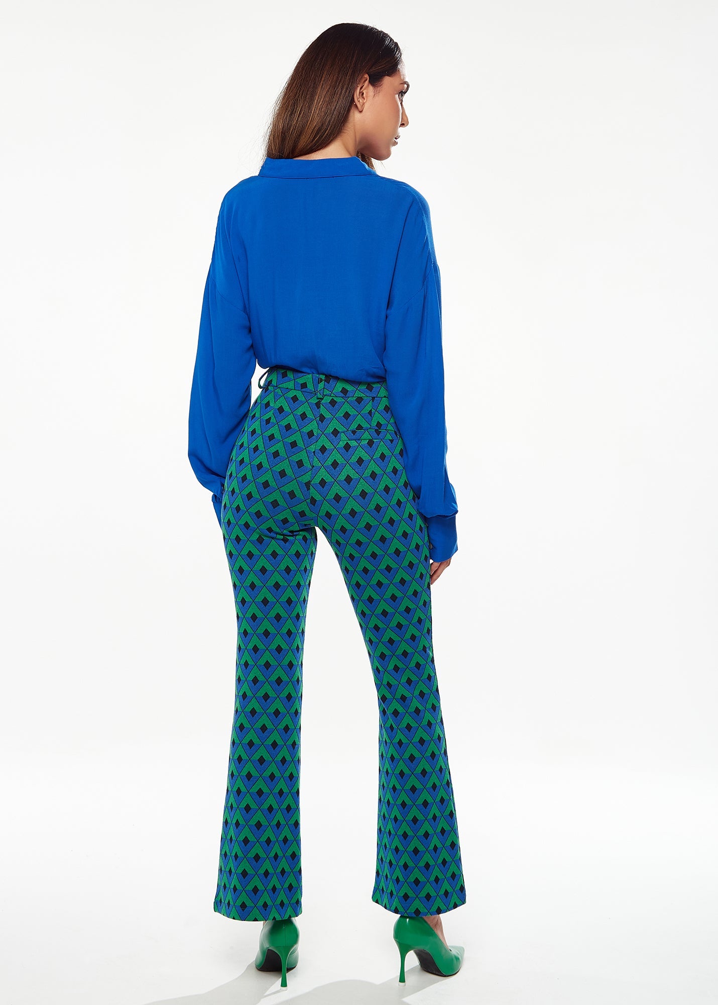 Women's Trousers in Green & Blue Geometric Print with Flared Hem and Side Pockets - Liquorish