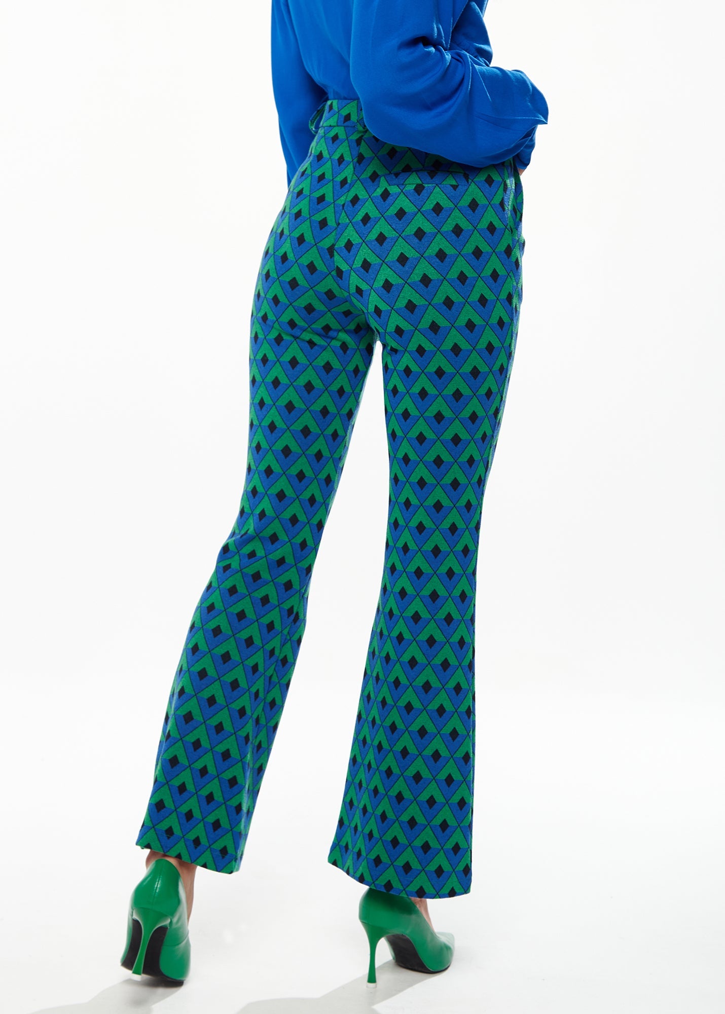 Women's Trousers in Green & Blue Geometric Print with Flared Hem and Side Pockets - Liquorish