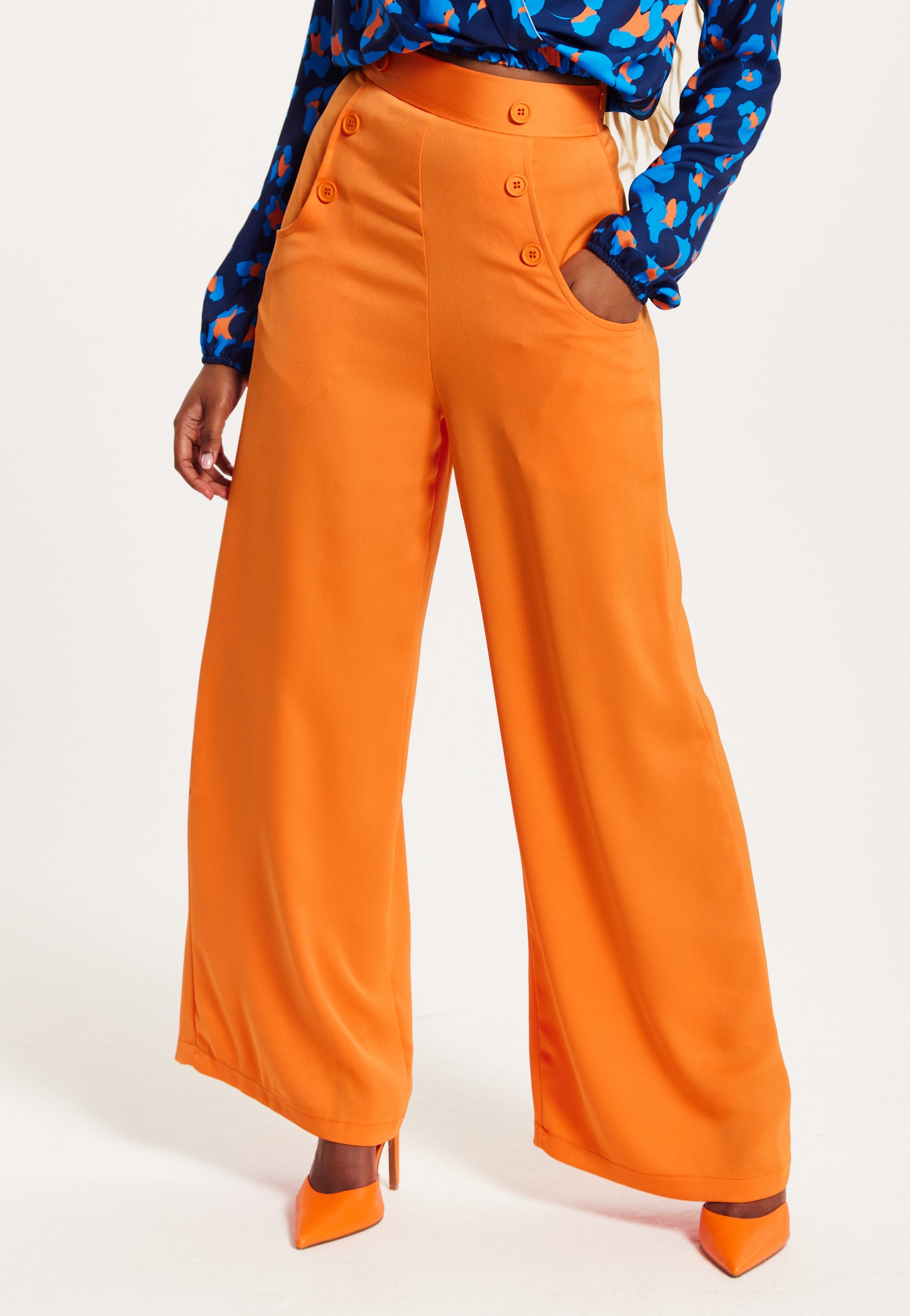 Women's Trousers High Waist Orange Wide Leg with Front Buttons and Pockets, Zip-Side Fastening, Liquorish