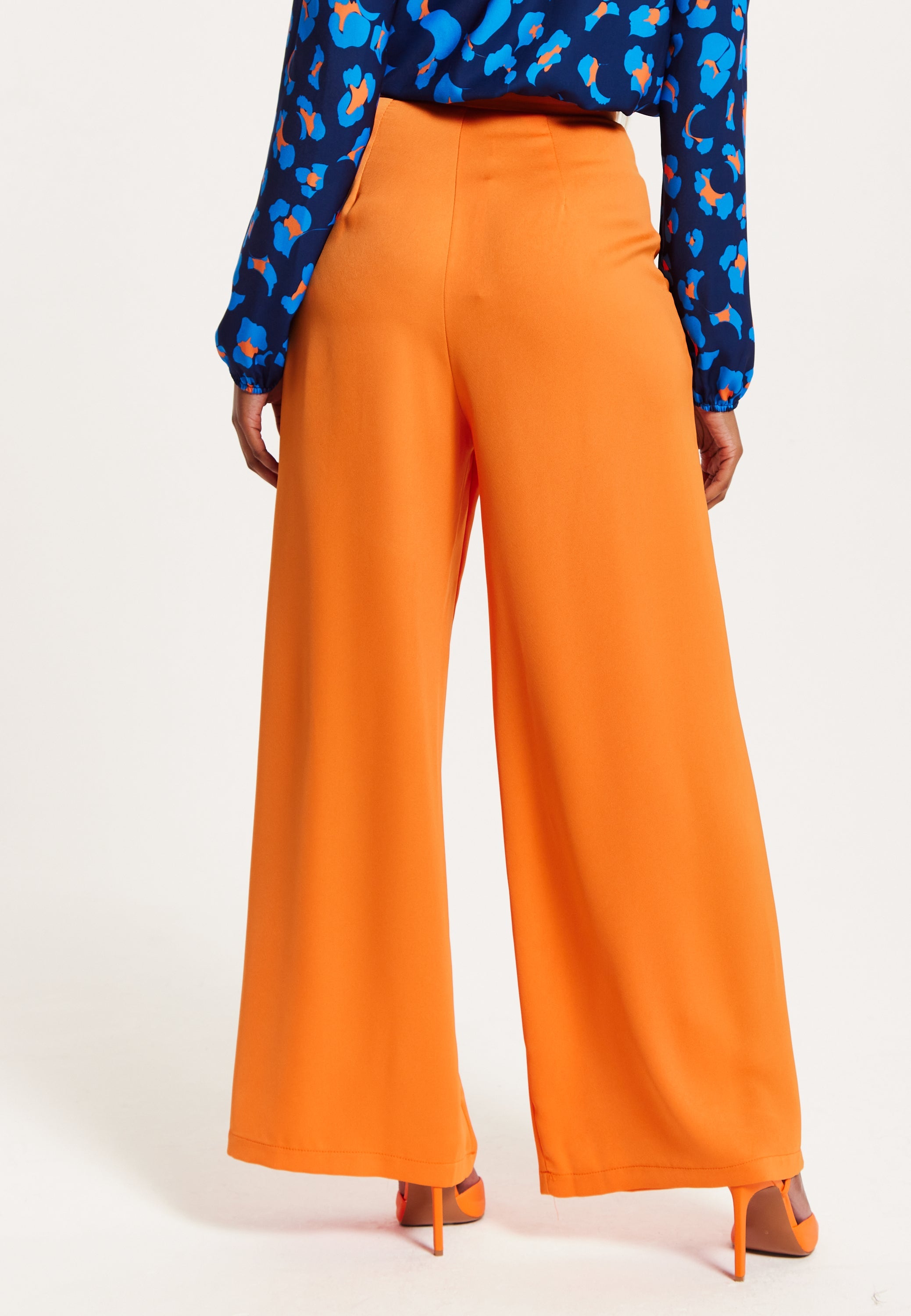 Women's Trousers High Waist Orange Wide Leg with Front Buttons and Pockets, Zip-Side Fastening, Liquorish