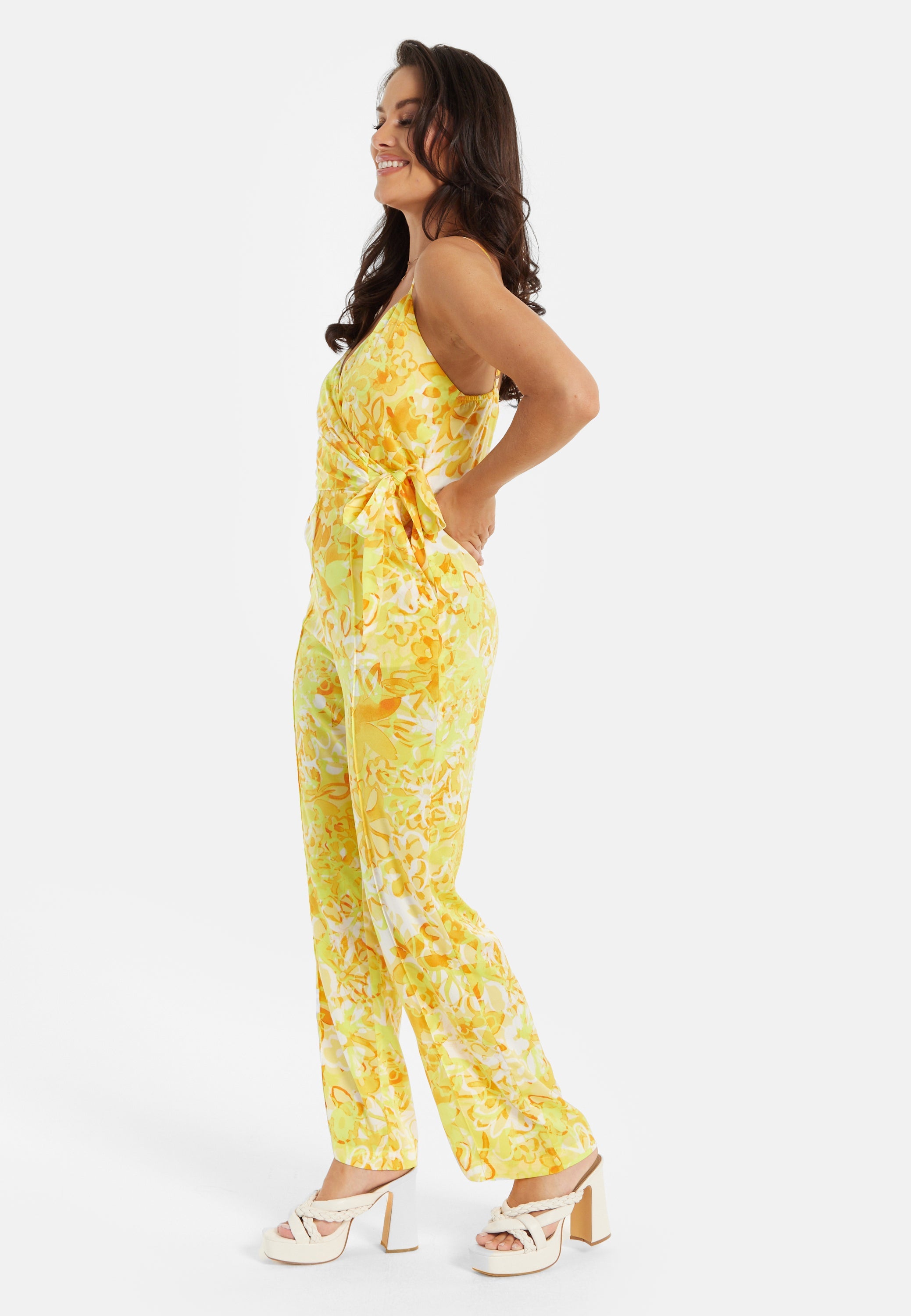 Women's Jumpsuit in Yellow and Orange Floral Print with V-Neck, Adjustable Straps, and Tie Waist - Liquorish