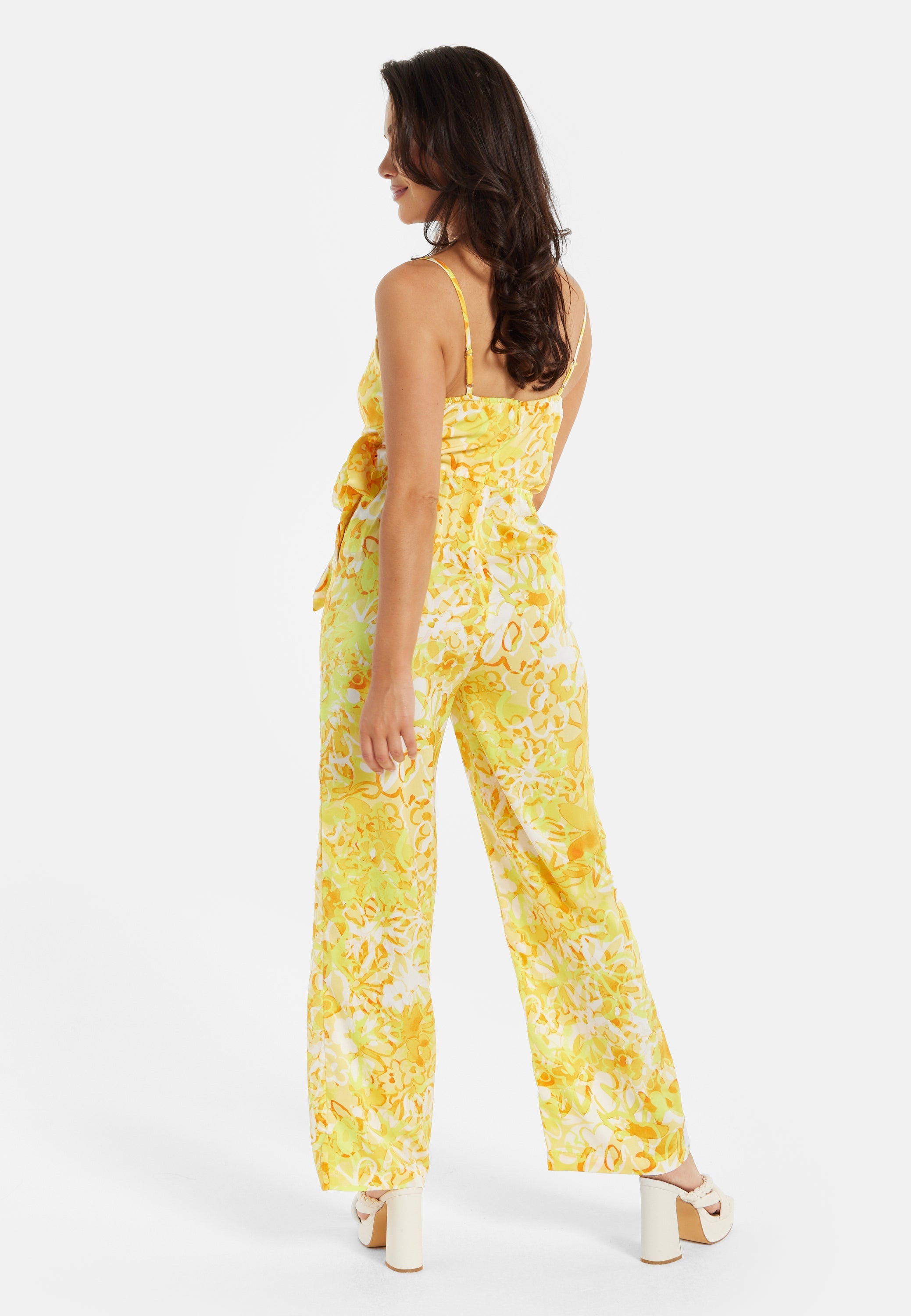 Women's Jumpsuit in Yellow and Orange Floral Print with V-Neck, Adjustable Straps, and Tie Waist - Liquorish