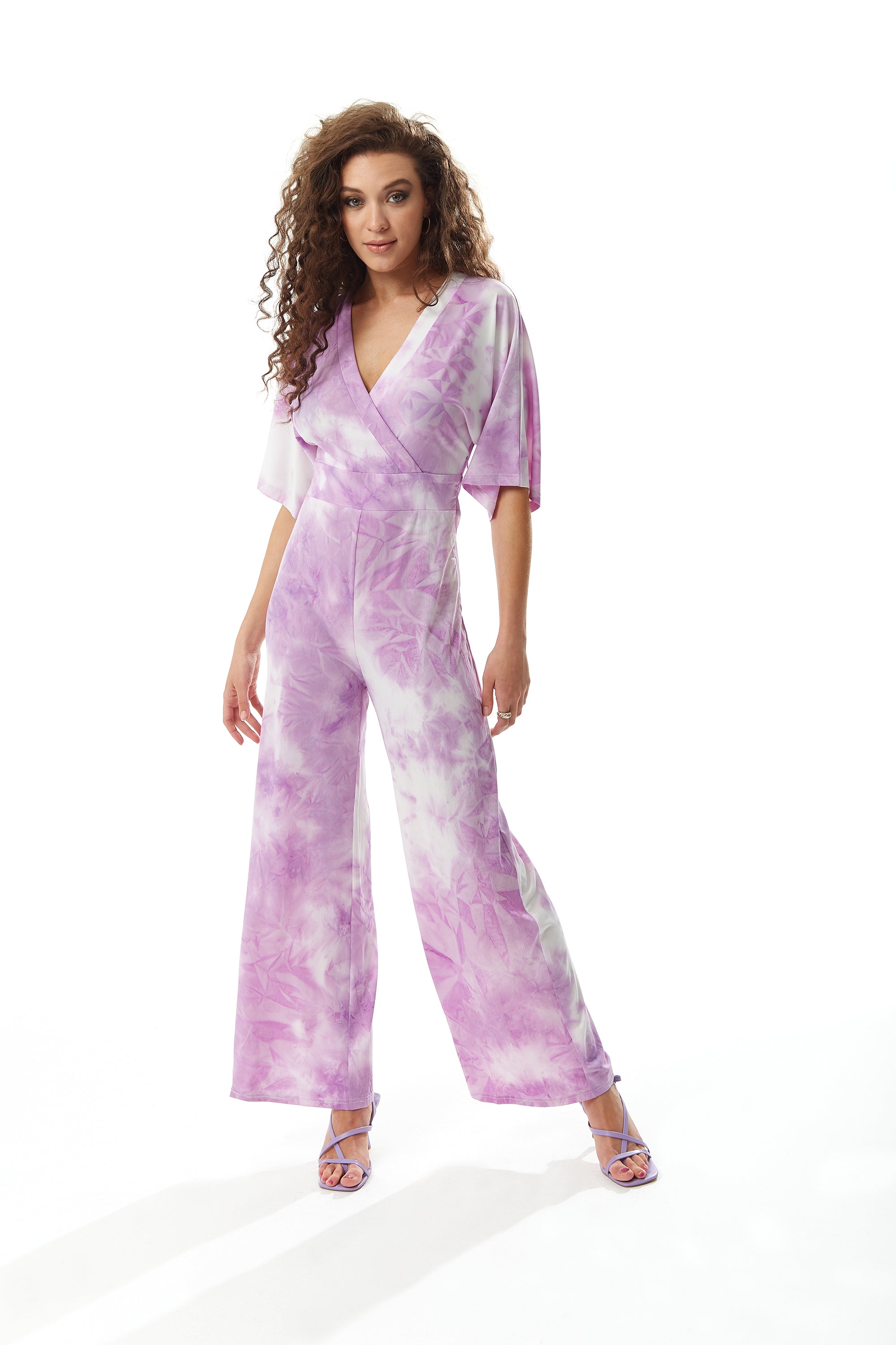 Women's Jumpsuit in White and Pink Tie Dye with Short Sleeves, V Neck, Open Back, Liquorish