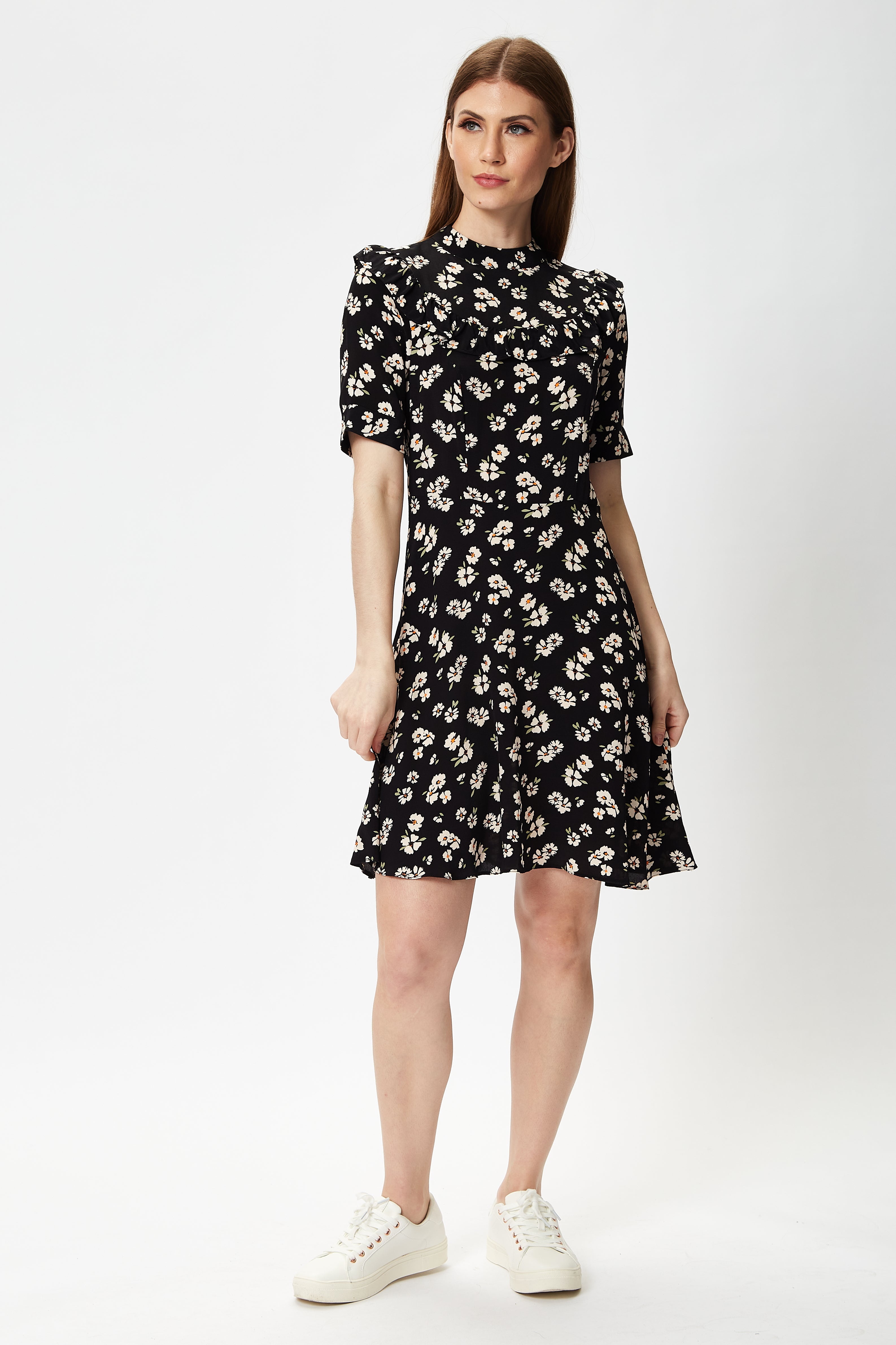 Women's Mini Dress in Black with Floral Print and Short Sleeves, Elegant Frill Details, Perfect for Any Occasion - Liquorish
