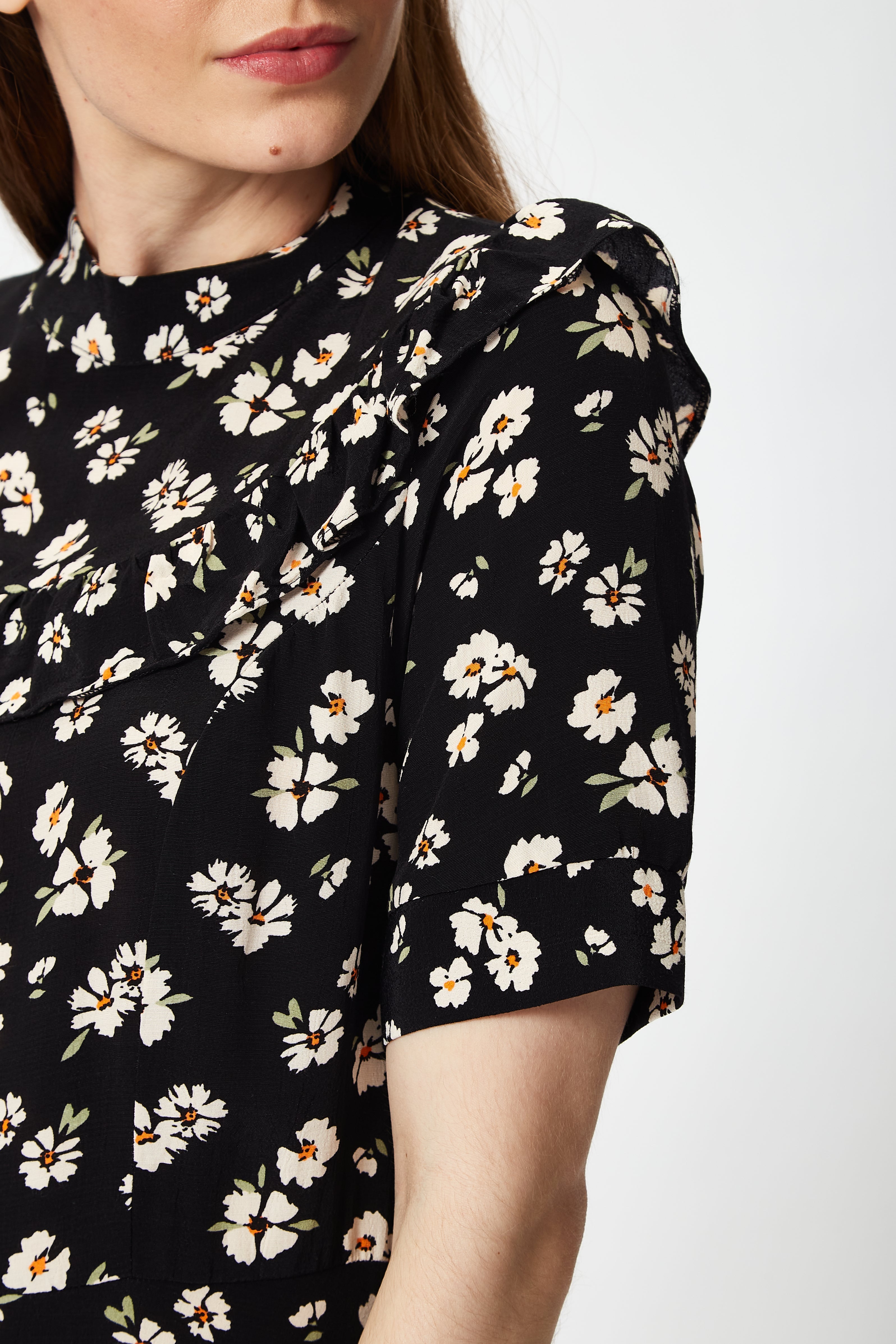 Women's Mini Dress in Black with Floral Print and Short Sleeves, Elegant Frill Details, Perfect for Any Occasion - Liquorish