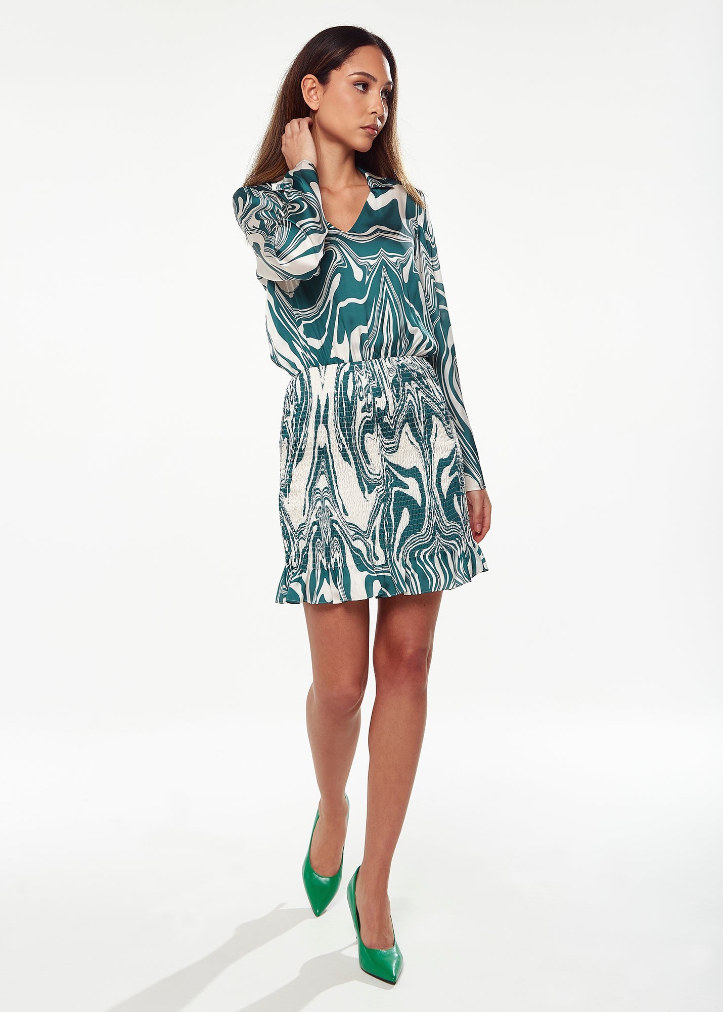 Women’s Mini Dress in Green with Swirling Marble Print, V-Neck, Full-Length Sleeves, Smocked Skirt, and Frill Hem