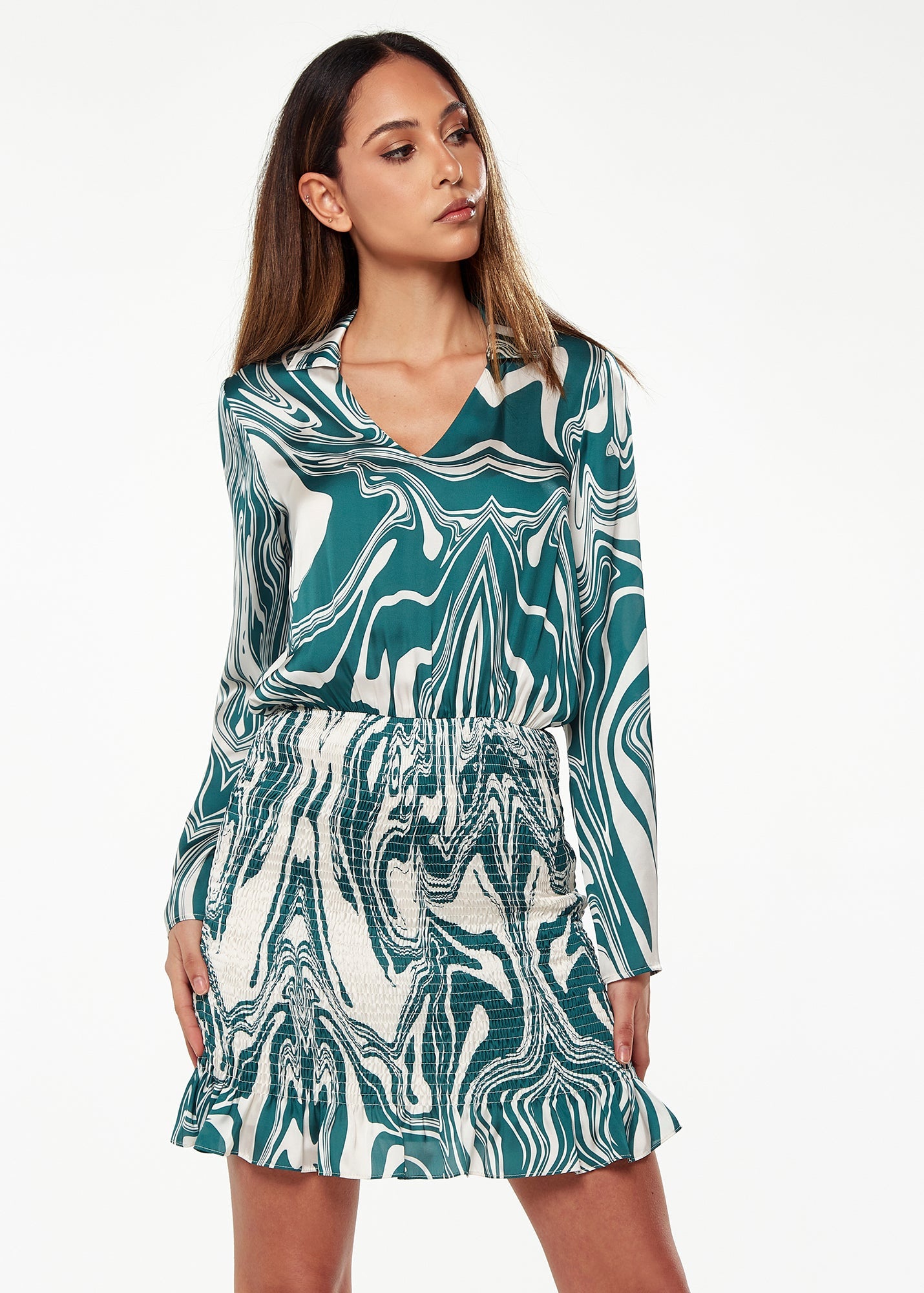 Women’s Mini Dress in Green with Swirling Marble Print, V-Neck, Full-Length Sleeves, Smocked Skirt, and Frill Hem