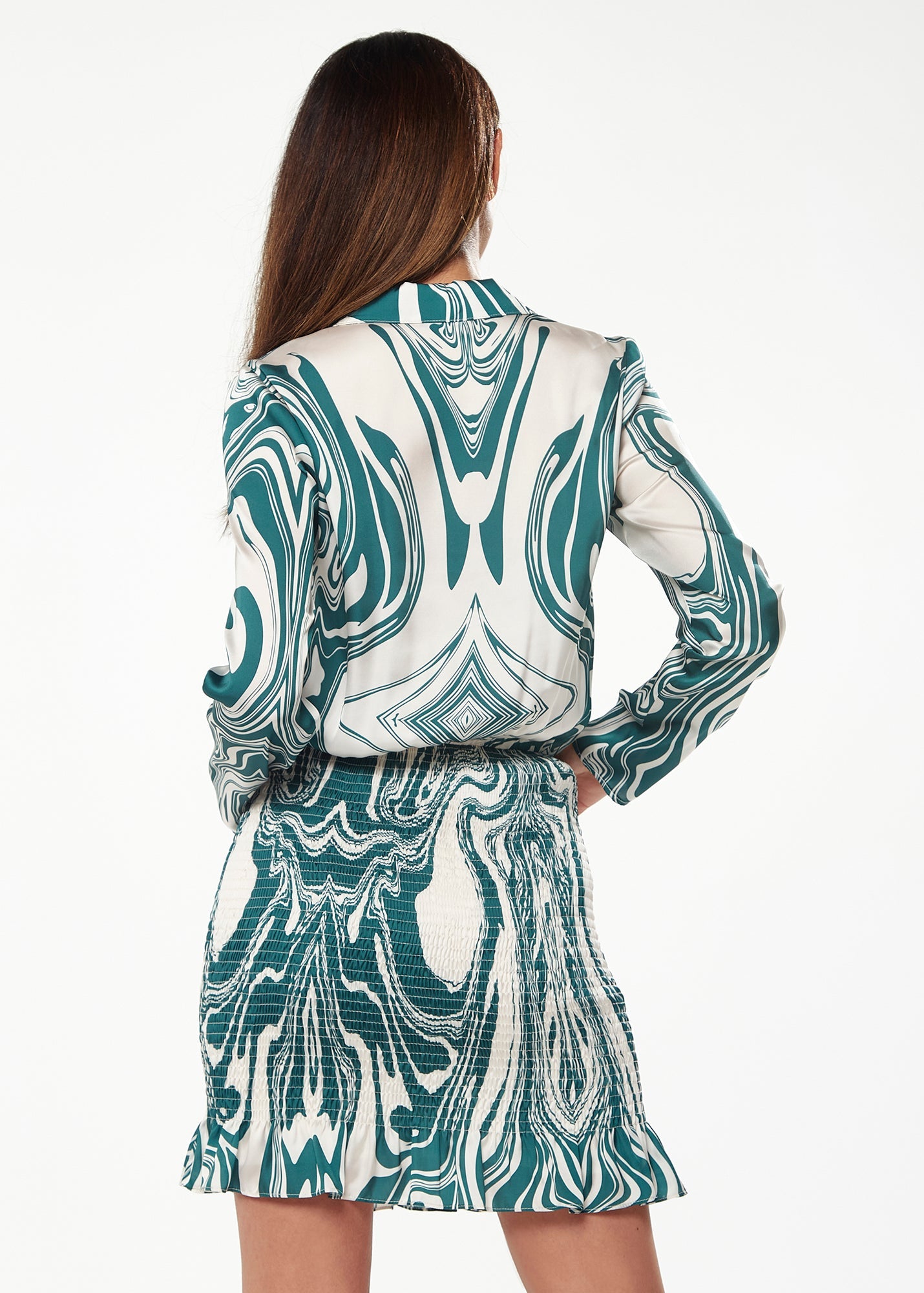 Women’s Mini Dress in Green with Swirling Marble Print, V-Neck, Full-Length Sleeves, Smocked Skirt, and Frill Hem