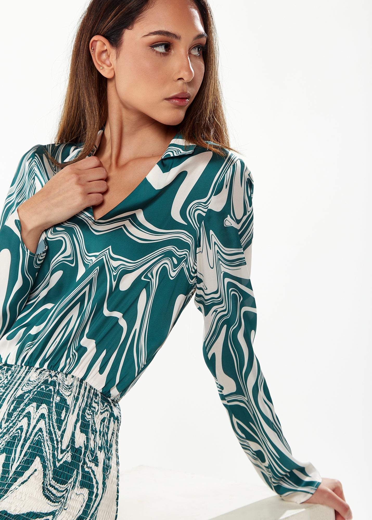 Women’s Mini Dress in Green with Swirling Marble Print, V-Neck, Full-Length Sleeves, Smocked Skirt, and Frill Hem
