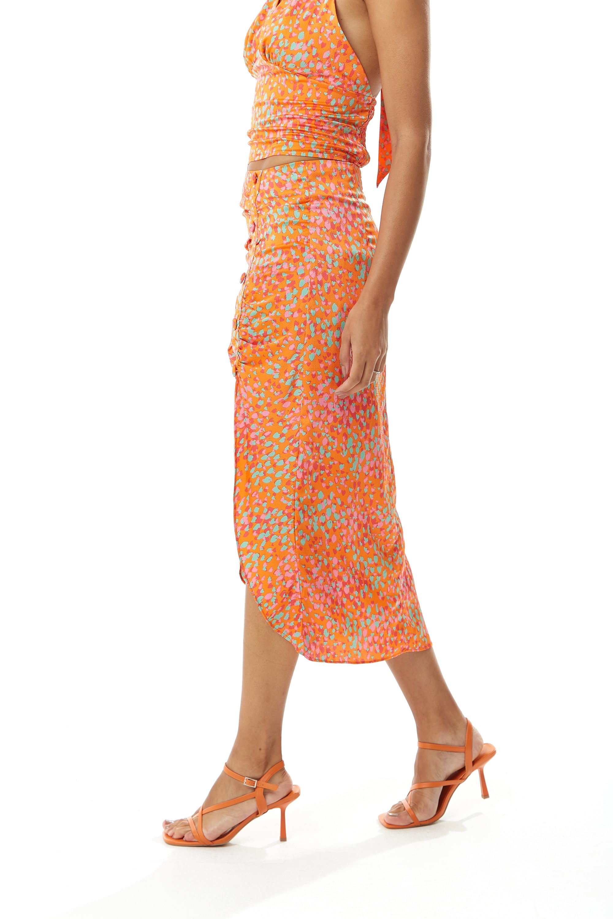 Women's Orange Print Midi Skirt with Side Slit and Fake Buttons - Perfect for Summer Holidays by Liquorish