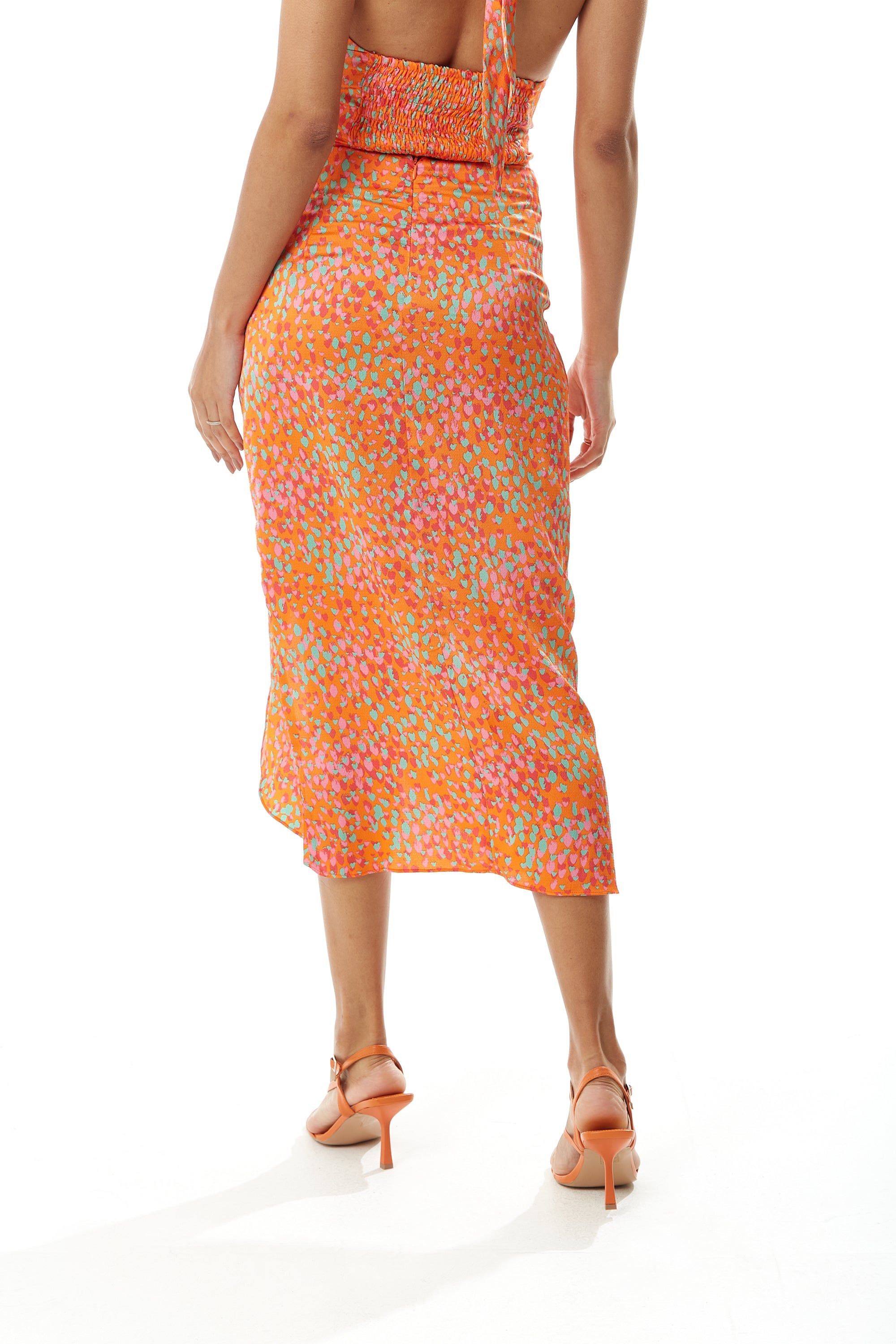 Women's Orange Print Midi Skirt with Side Slit and Fake Buttons - Perfect for Summer Holidays by Liquorish