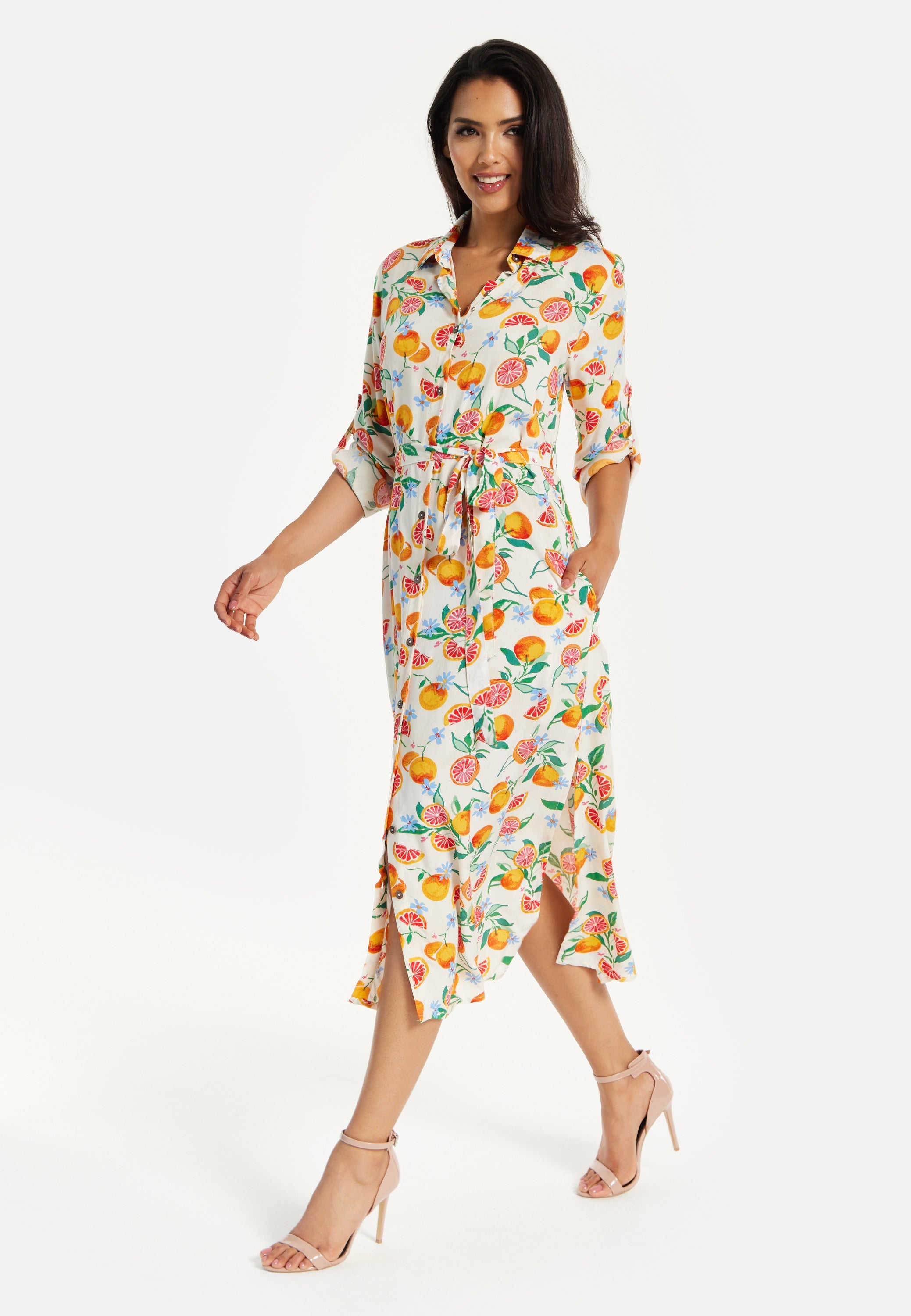 Women’s Midi Dress, Fruit Print, Button-Through Design, Elegant Tie Waist, Roll-Up Sleeves, Lightweight Viscose