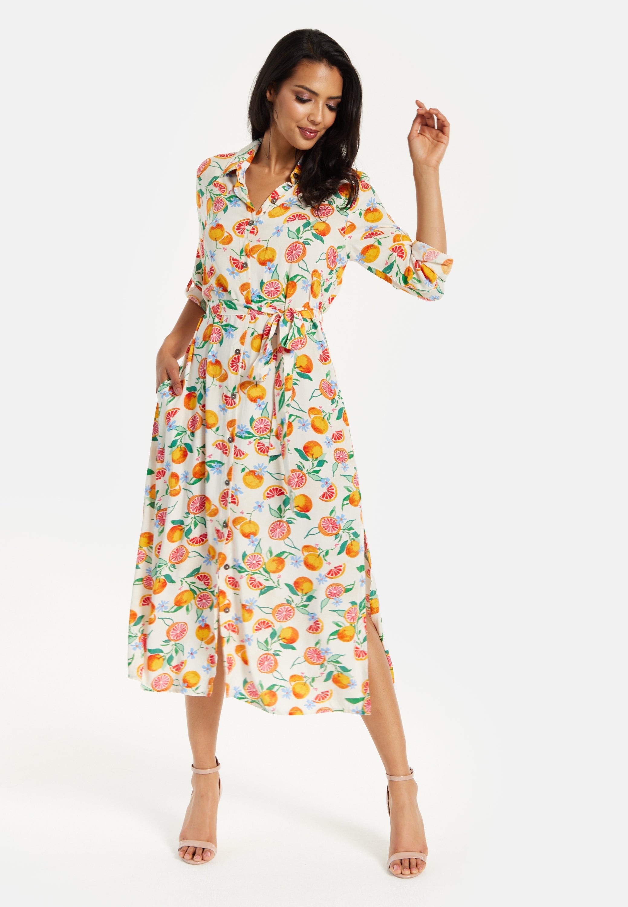 Women’s Midi Dress, Fruit Print, Button-Through Design, Elegant Tie Waist, Roll-Up Sleeves, Lightweight Viscose