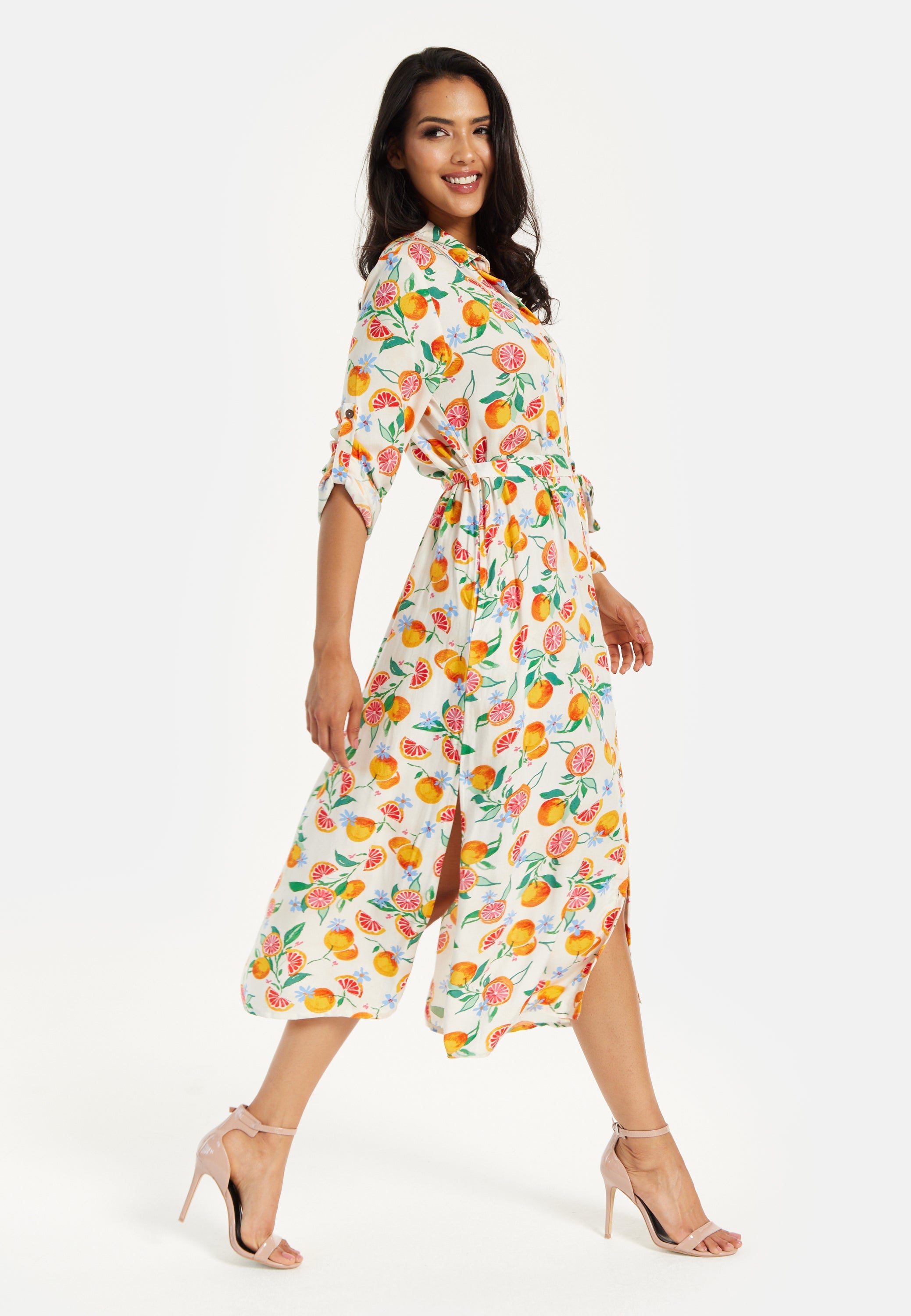 Women’s Midi Dress, Fruit Print, Button-Through Design, Elegant Tie Waist, Roll-Up Sleeves, Lightweight Viscose