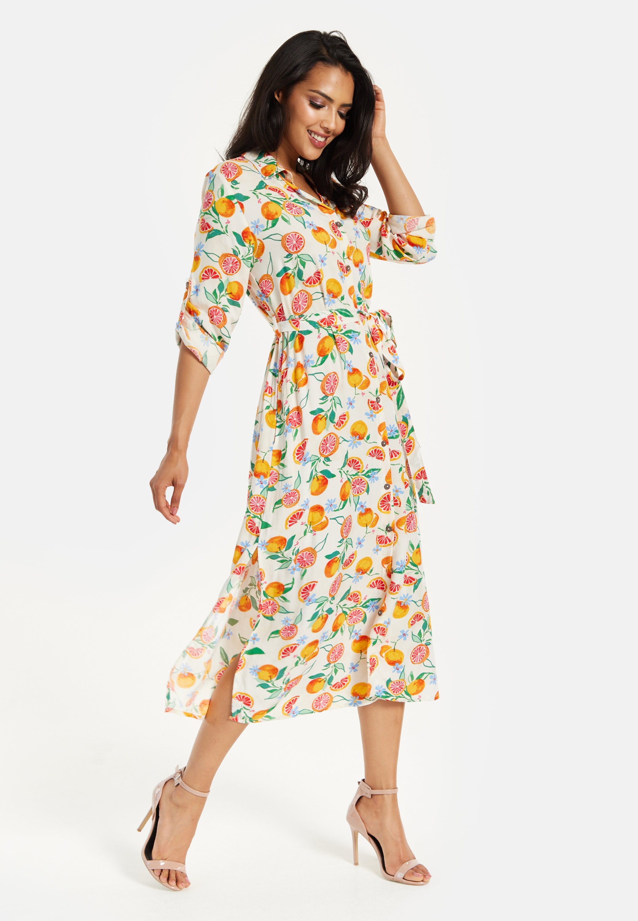 Women’s Midi Dress, Fruit Print, Button-Through Design, Elegant Tie Waist, Roll-Up Sleeves, Lightweight Viscose