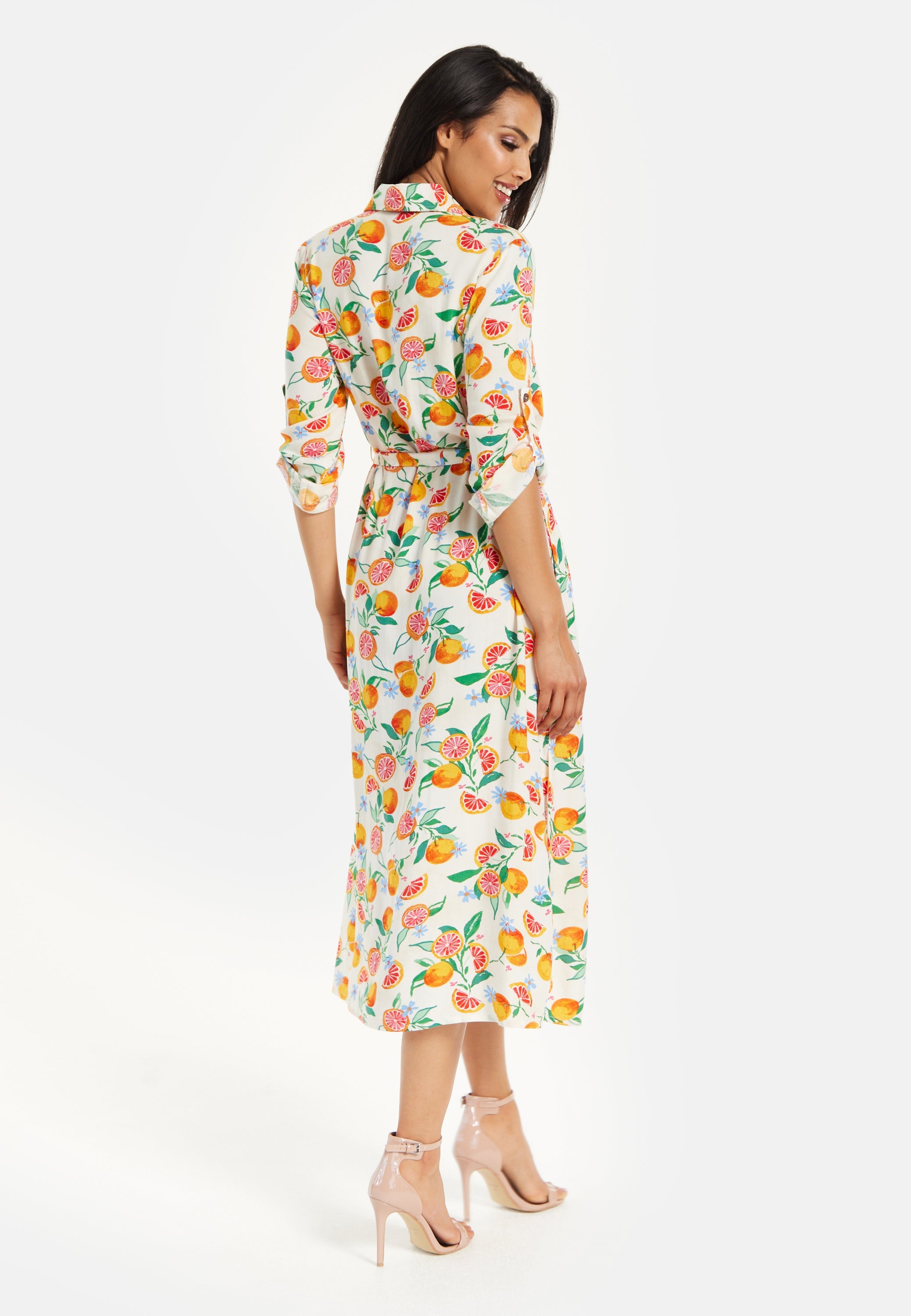 Women’s Midi Dress, Fruit Print, Button-Through Design, Elegant Tie Waist, Roll-Up Sleeves, Lightweight Viscose
